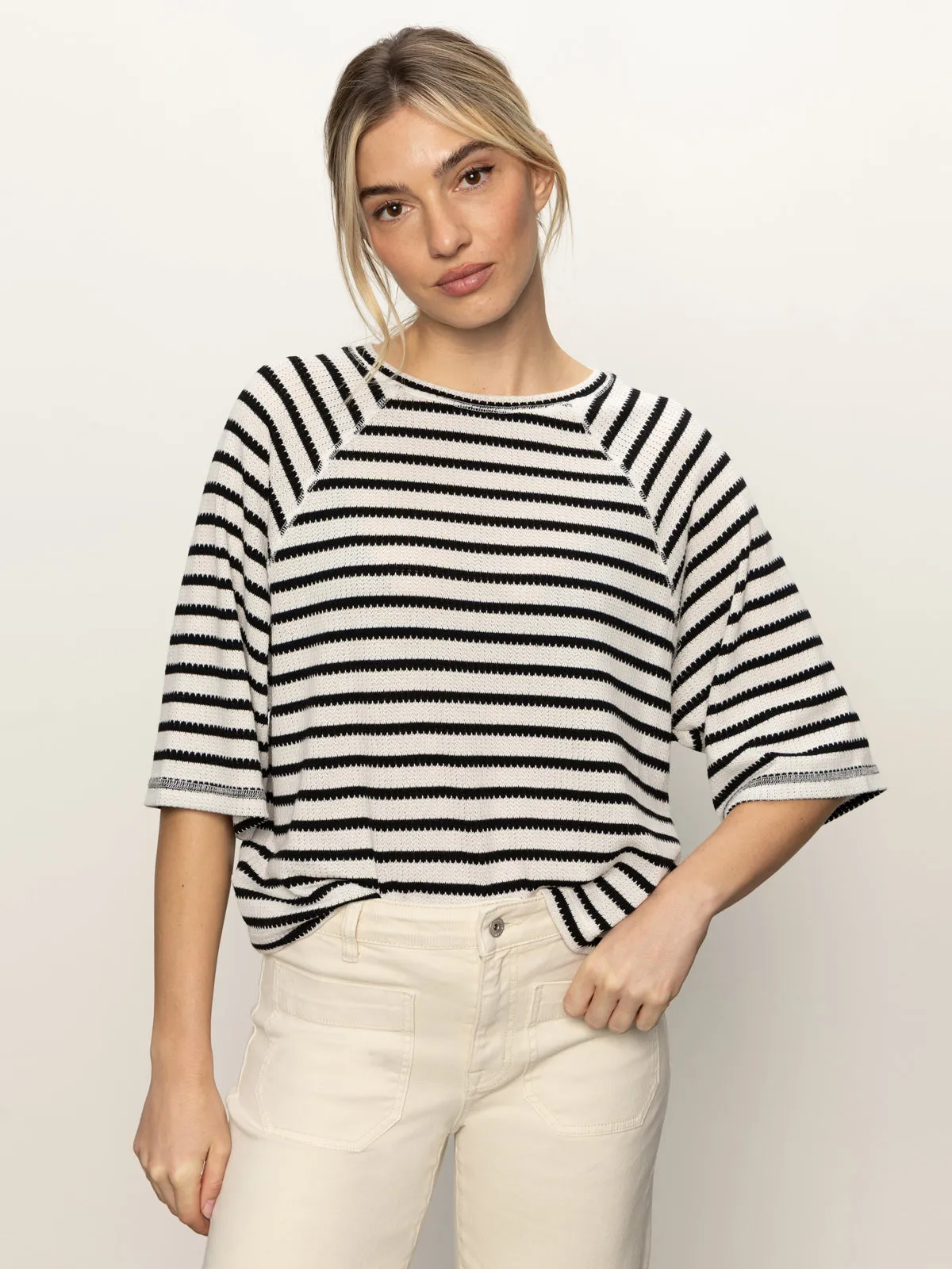 Boxy Raglan Tee Black with Light Oat Stripe