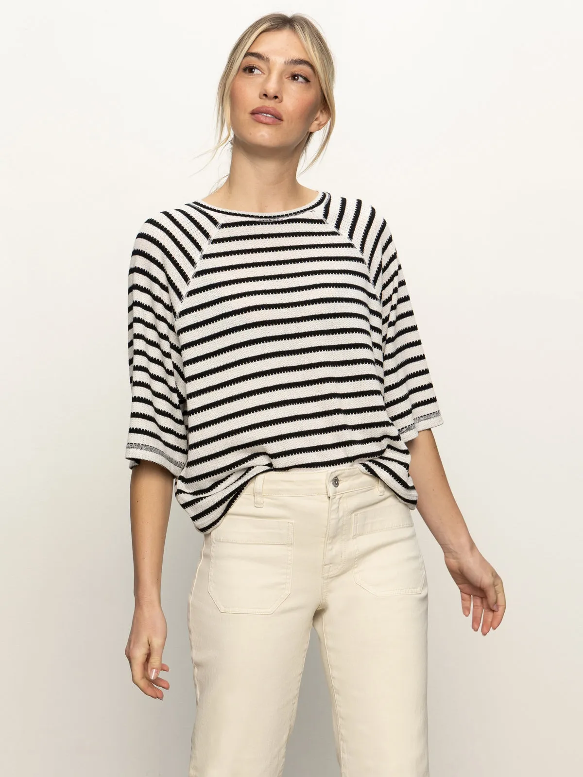 Boxy Raglan Tee Black with Light Oat Stripe
