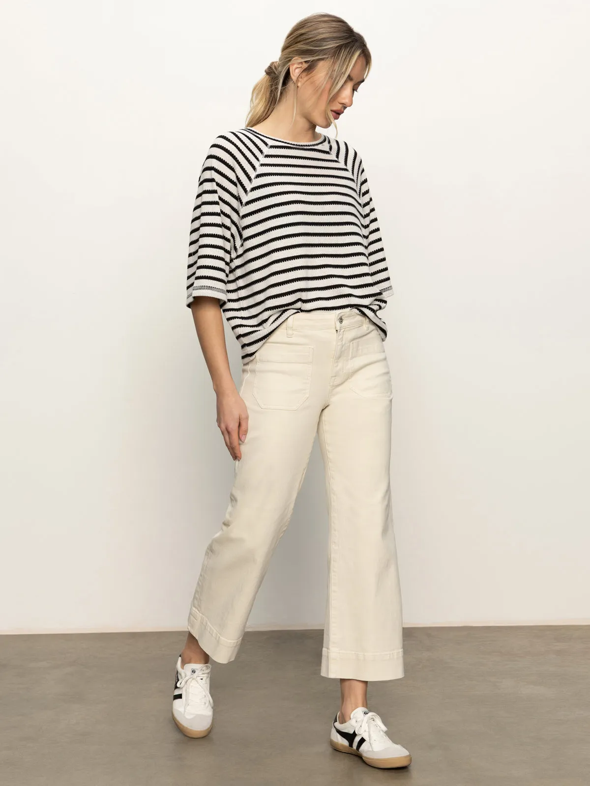 Boxy Raglan Tee Black with Light Oat Stripe