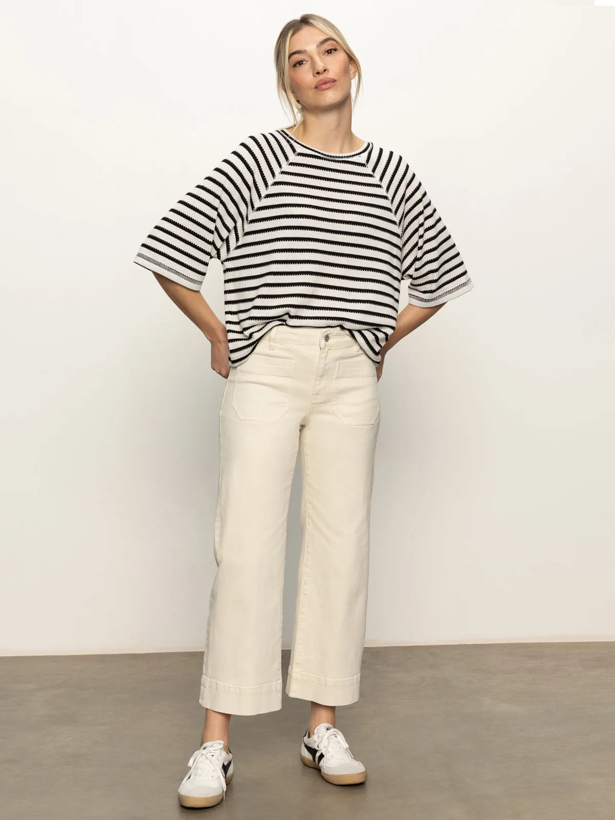 Boxy Raglan Tee Black with Light Oat Stripe