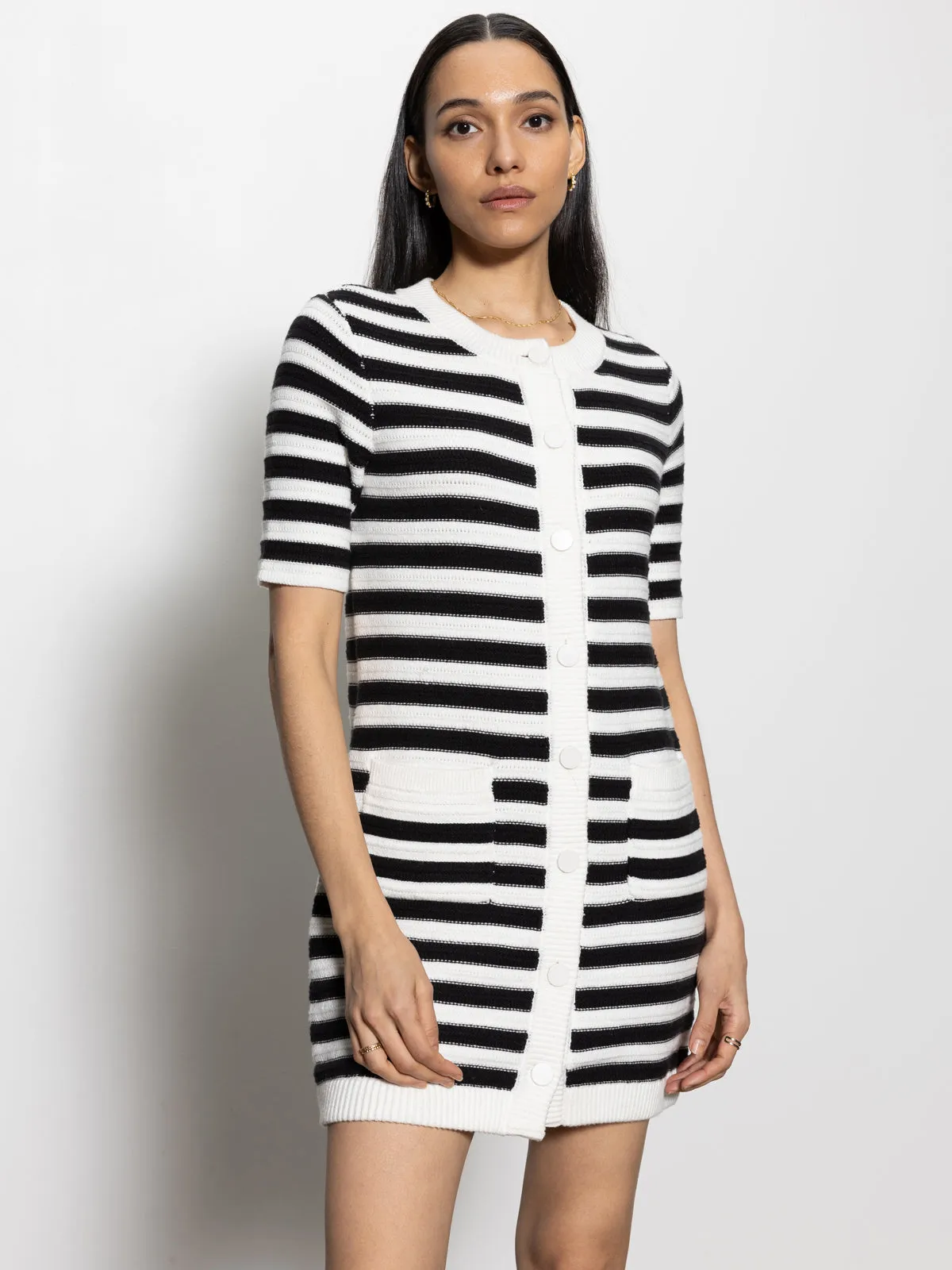 Button Front Knitted Dress Chalk And Black Stripe