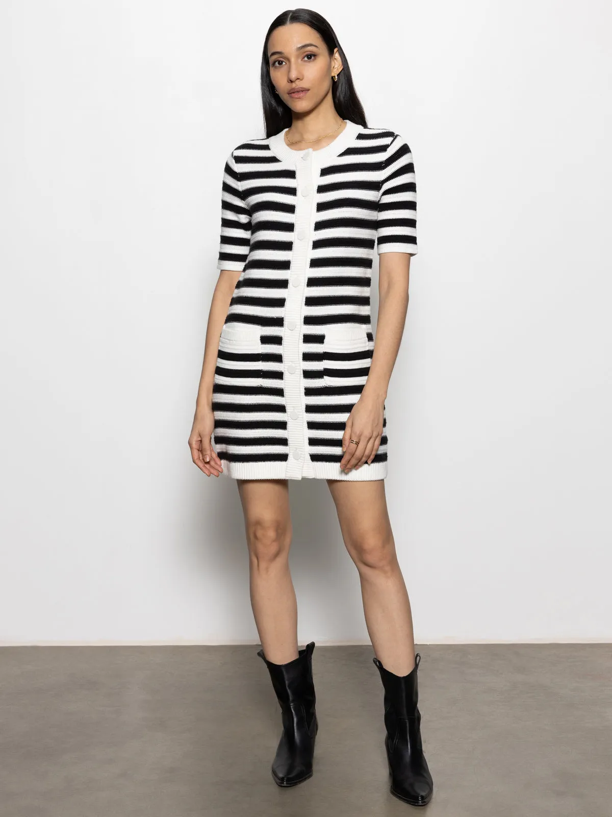 Button Front Knitted Dress Chalk And Black Stripe