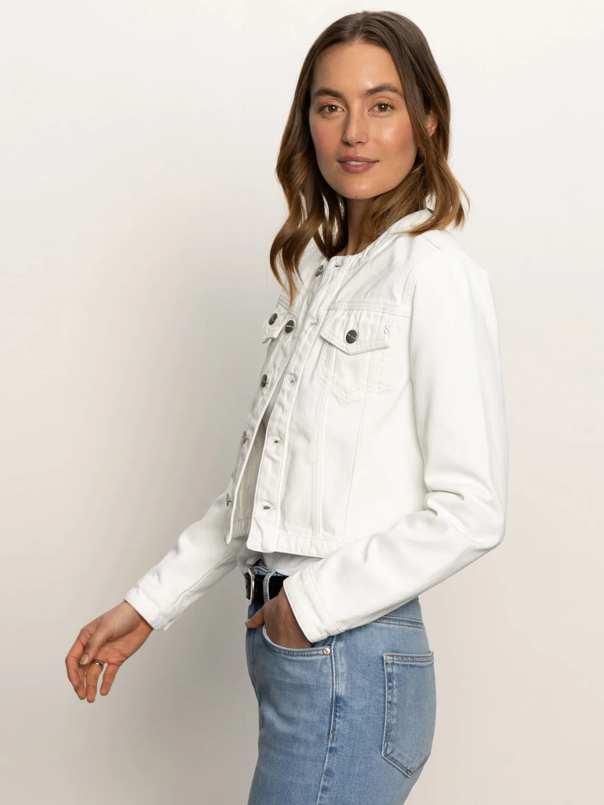 Denim Collarless Lady Jacket White