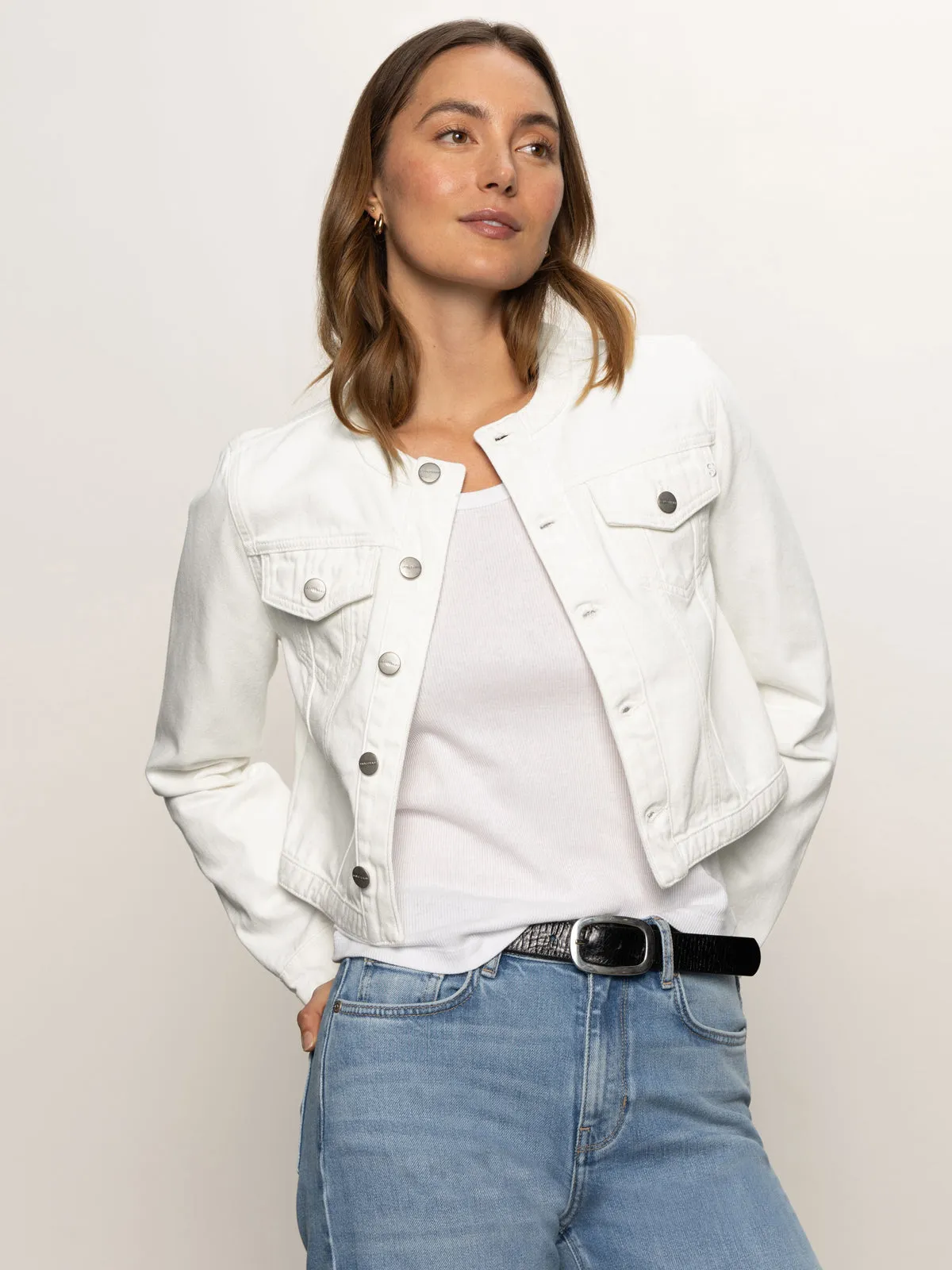 Denim Collarless Lady Jacket White