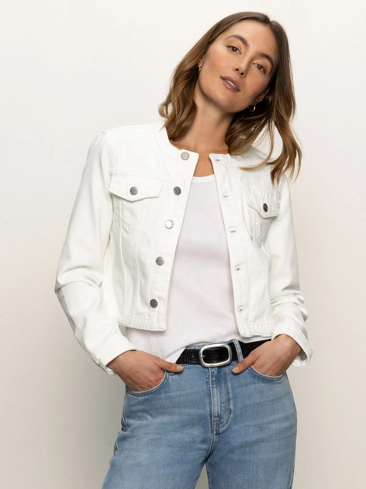 Denim Collarless Lady Jacket White