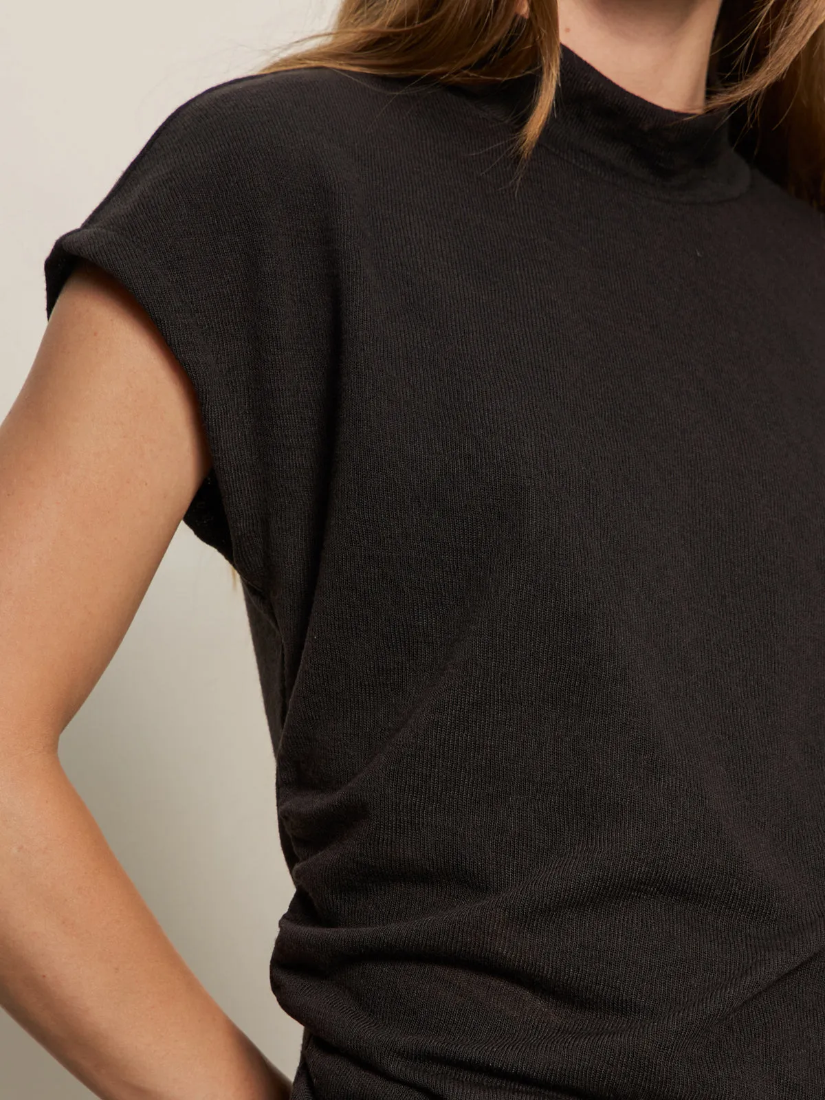 Draped Sleeveless Mock Neck Top Black