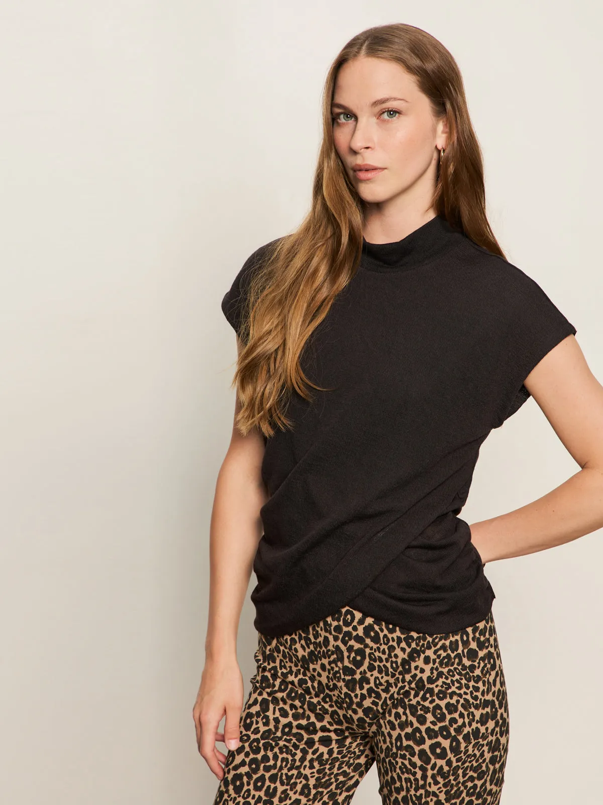 Draped Sleeveless Mock Neck Top Black