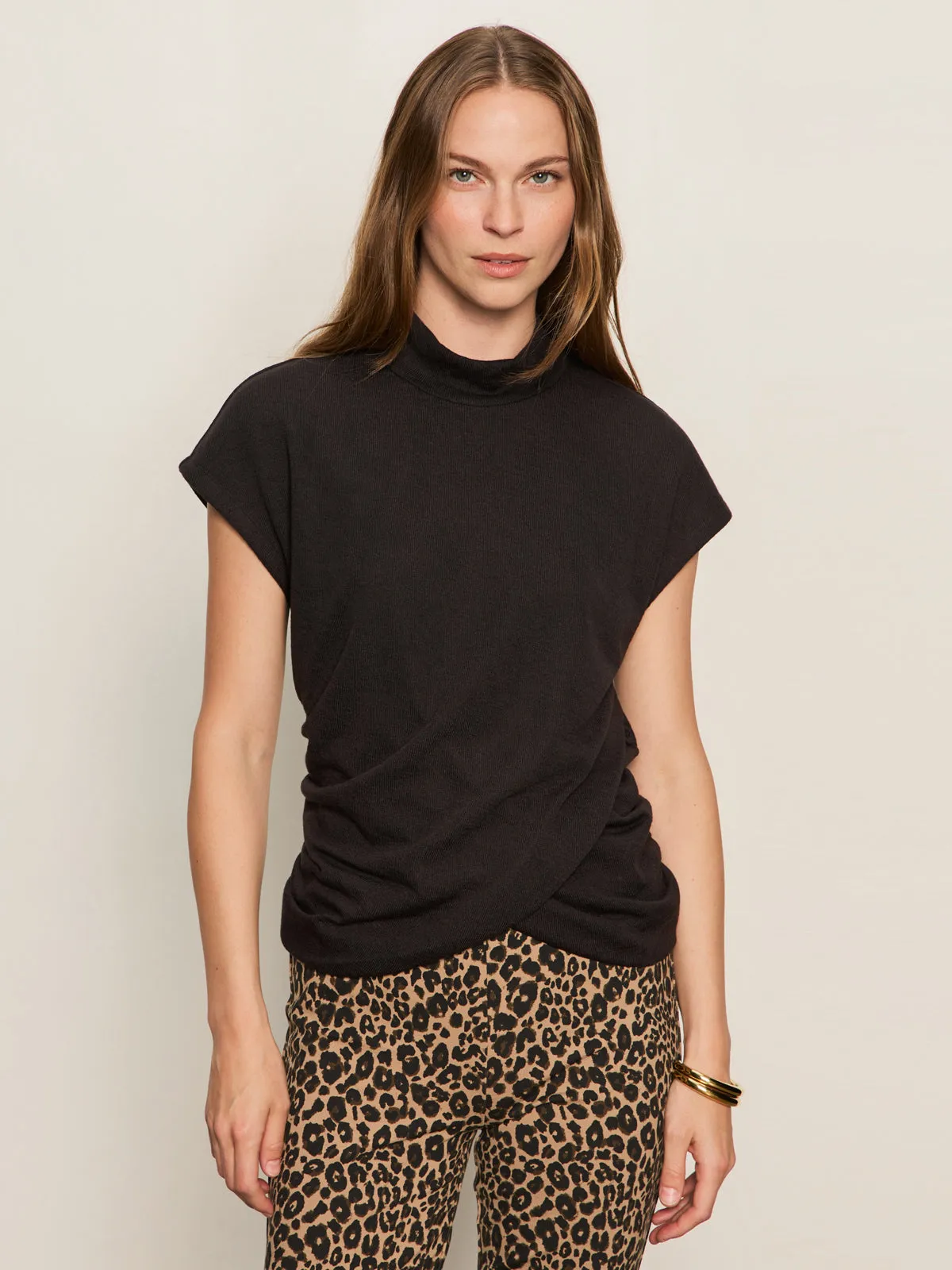 Draped Sleeveless Mock Neck Top Black