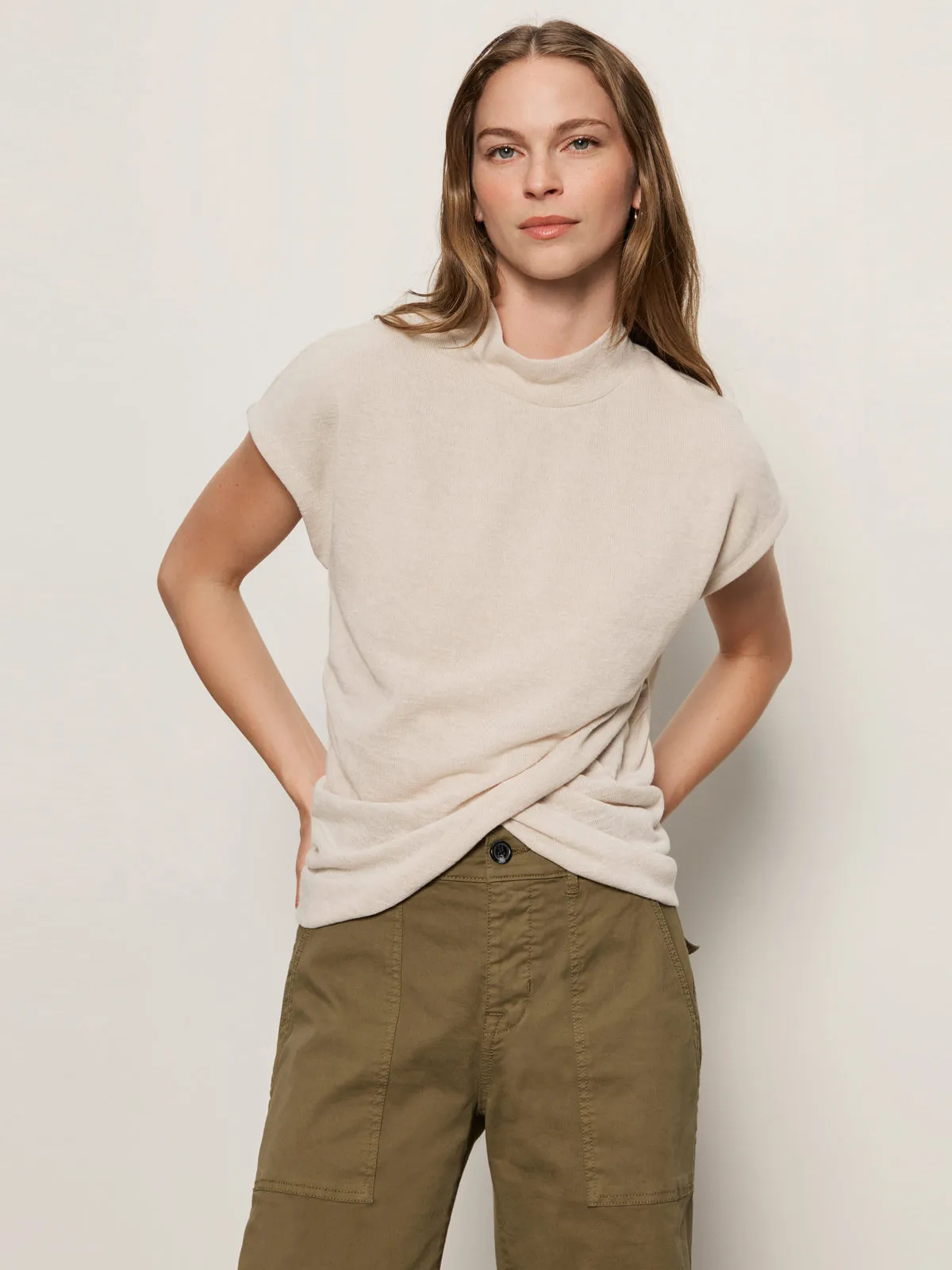Draped Sleeveless Mock Neck Top Mother Of Pearl