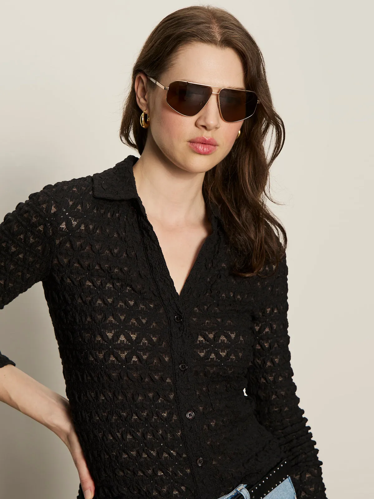 Dreamgirl Lace Button Up Top Black