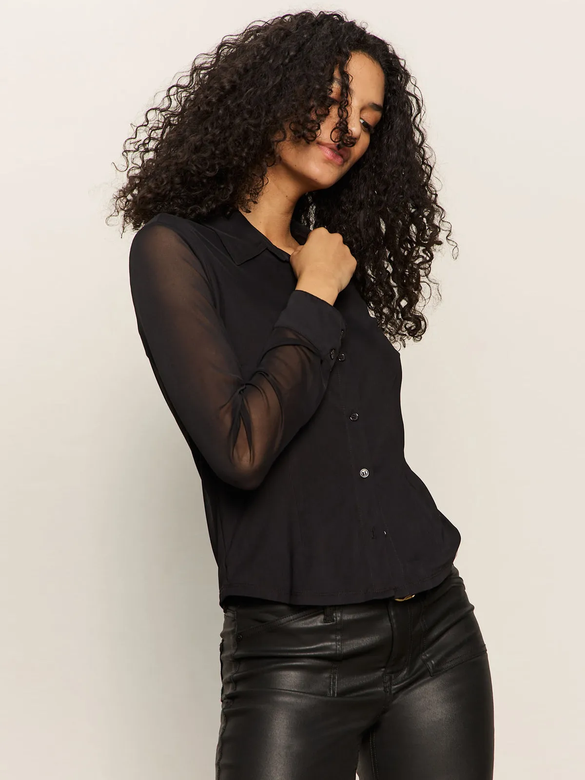 Fitted Mesh Button Down Top Black