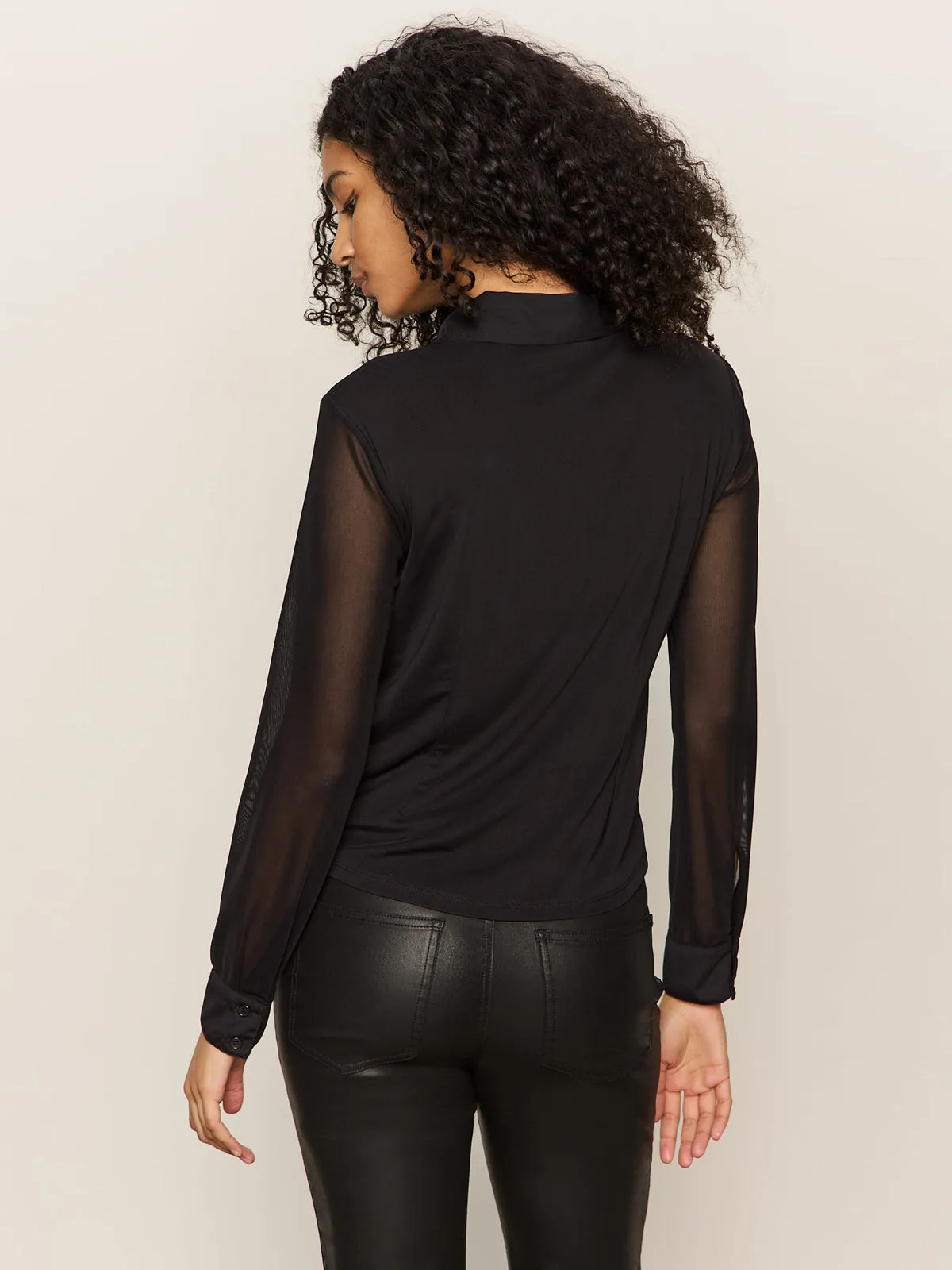 Fitted Mesh Button Down Top Black