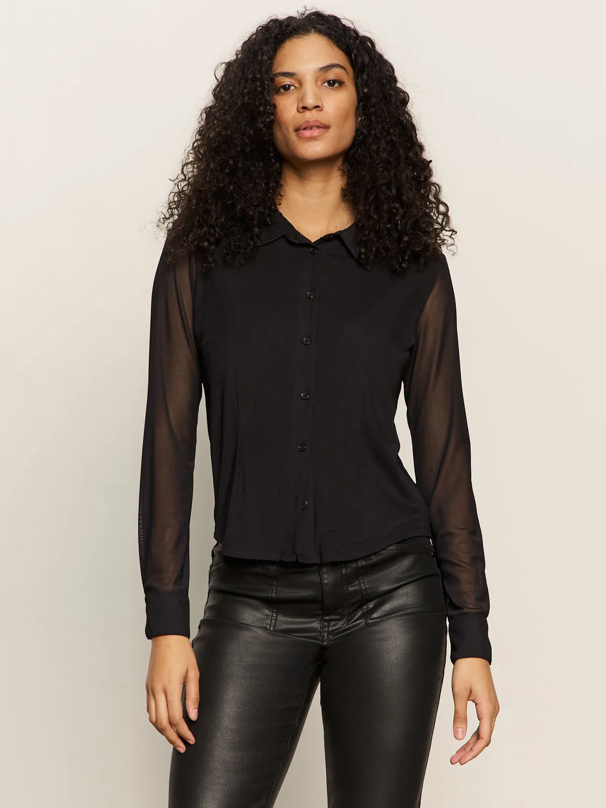 Fitted Mesh Button Down Top Black