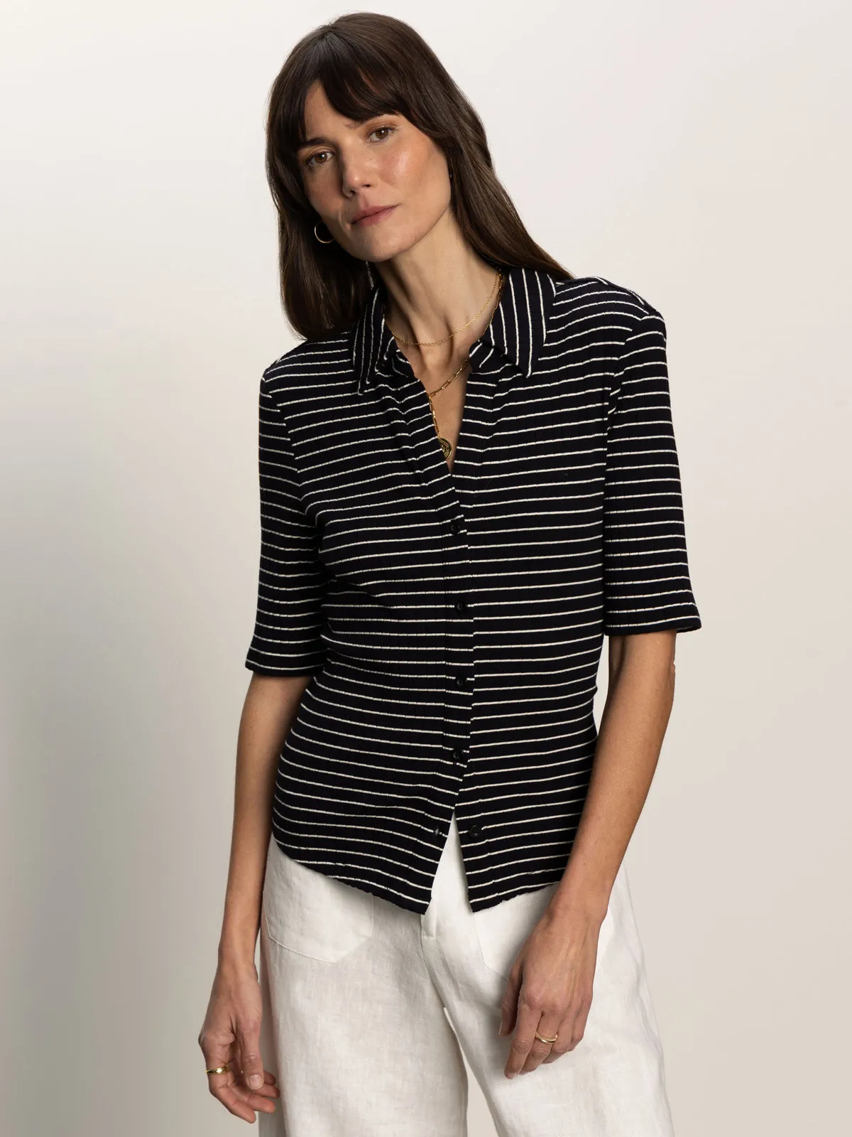 Half Sleeve Ribbed Knit Shirt Black Chalk Stripe