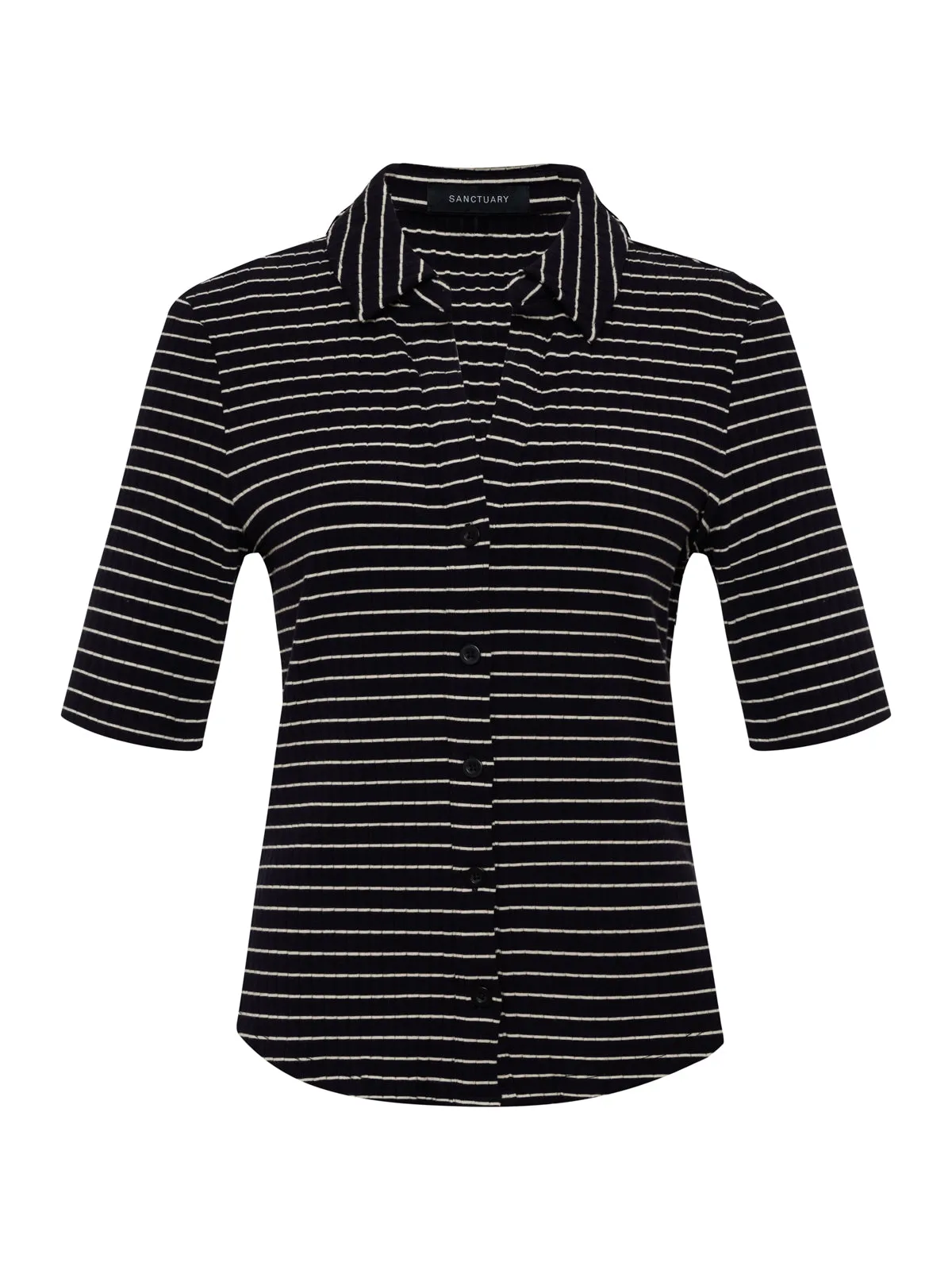 Half Sleeve Ribbed Knit Shirt Black Chalk Stripe
