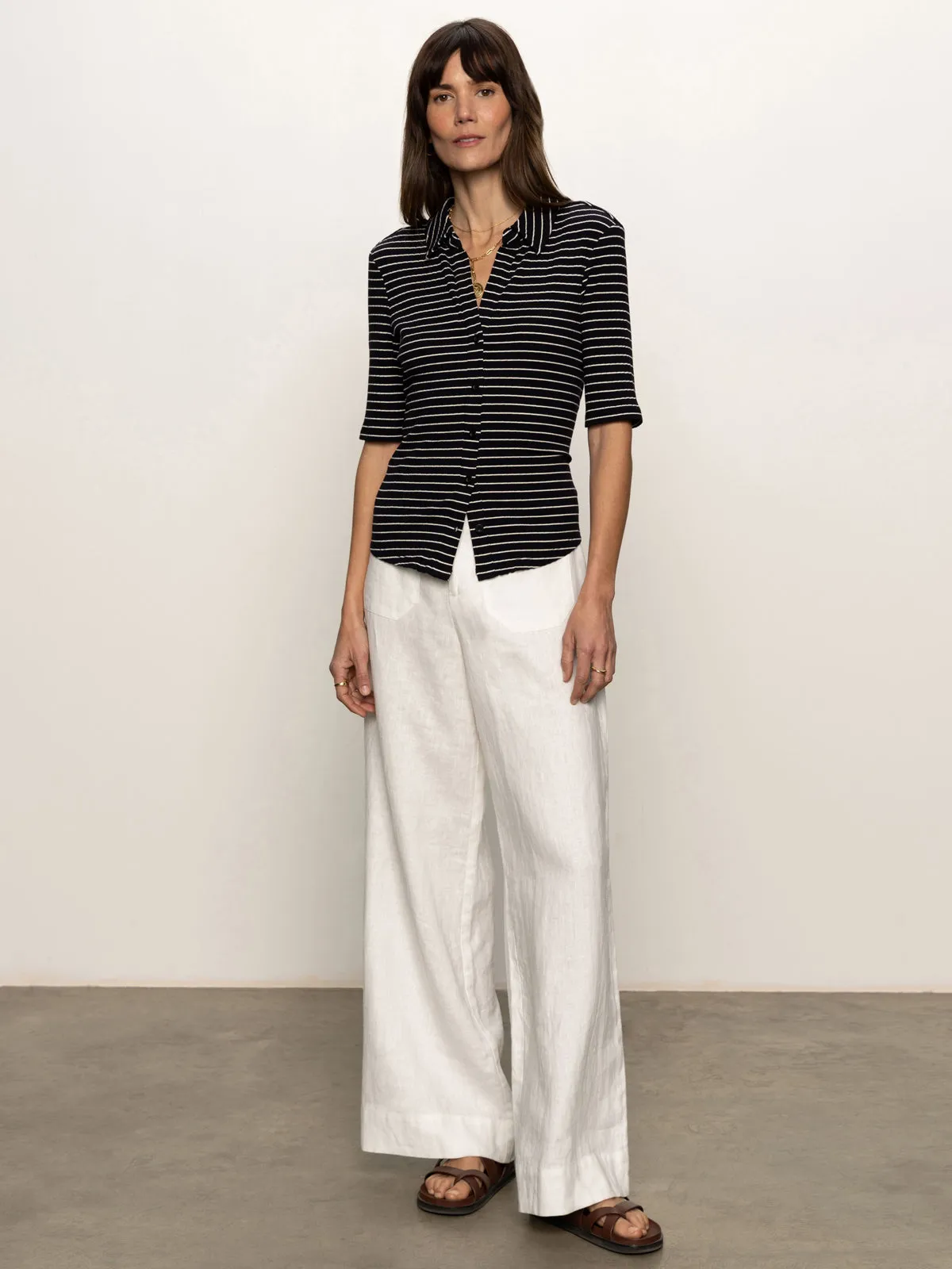 Half Sleeve Ribbed Knit Shirt Black Chalk Stripe