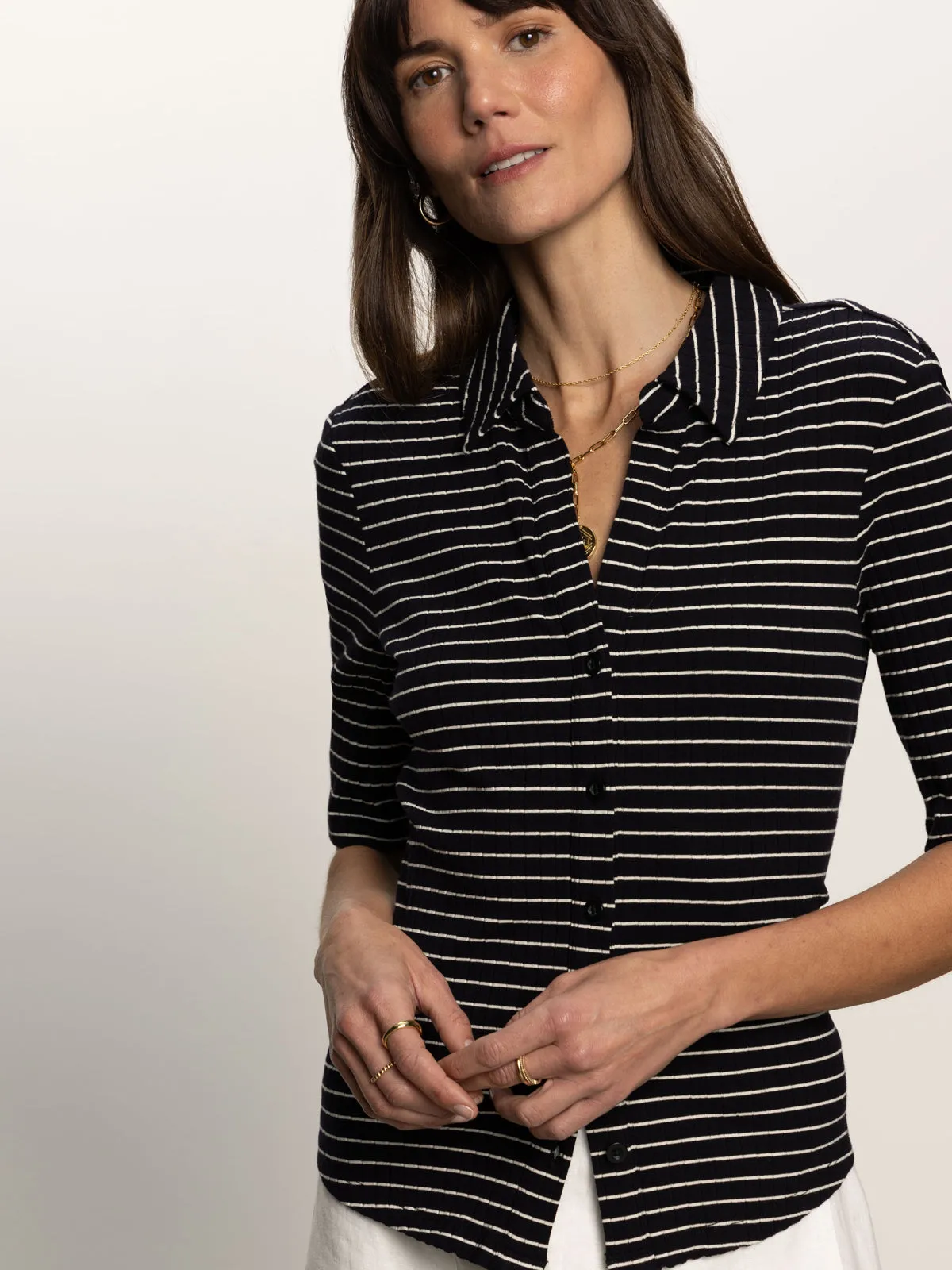 Half Sleeve Ribbed Knit Shirt Black Chalk Stripe