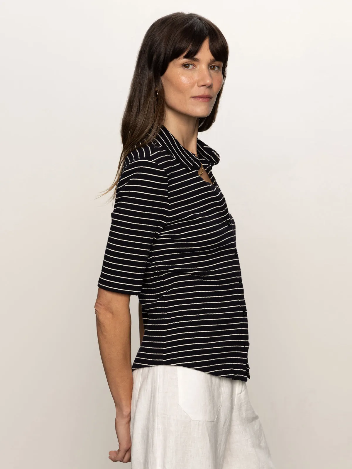 Half Sleeve Ribbed Knit Shirt Black Chalk Stripe
