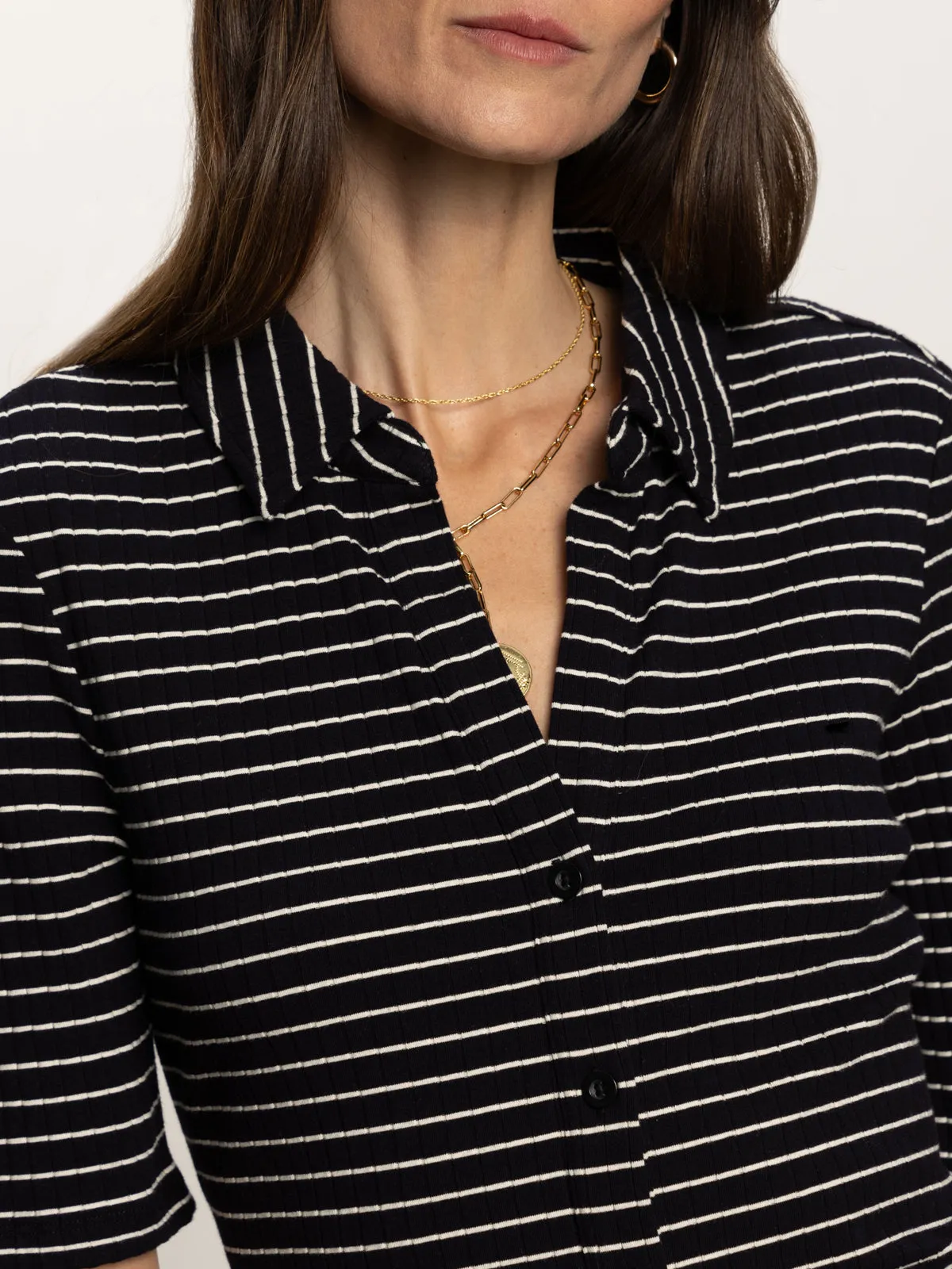Half Sleeve Ribbed Knit Shirt Black Chalk Stripe