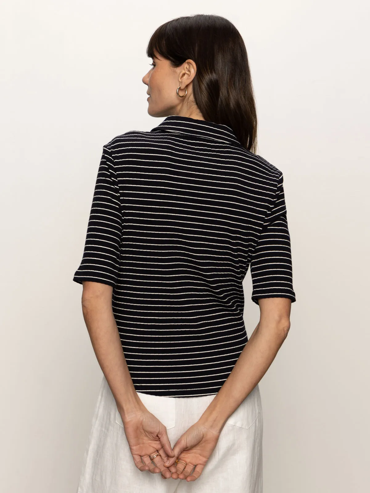 Half Sleeve Ribbed Knit Shirt Black Chalk Stripe