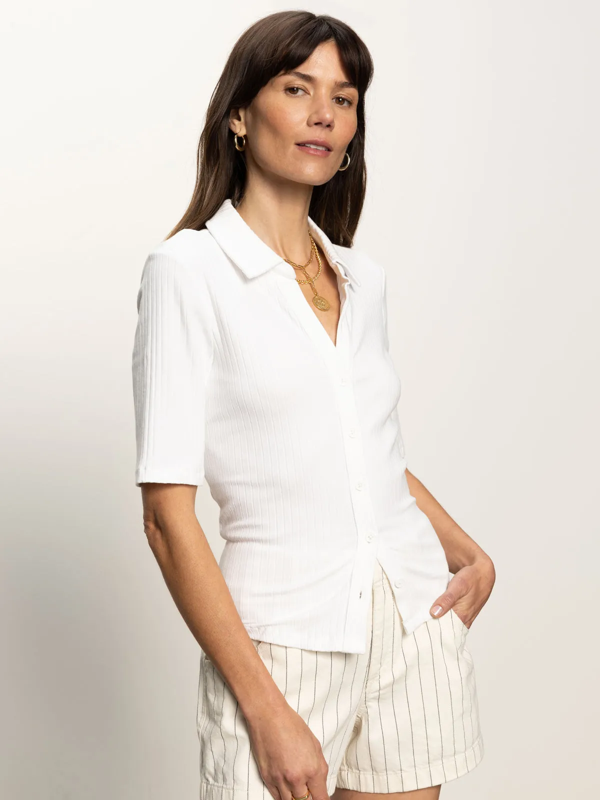 Half Sleeve Ribbed Knit Shirt White