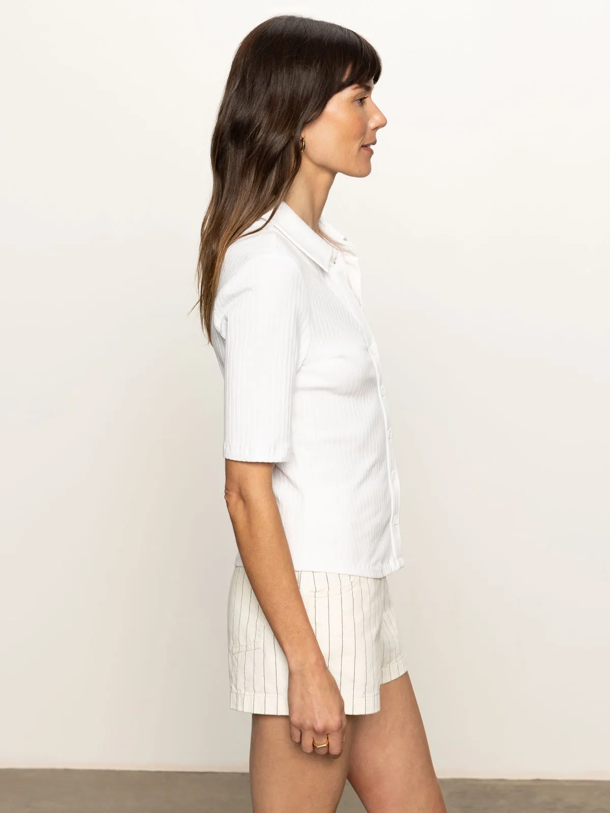 Half Sleeve Ribbed Knit Shirt White