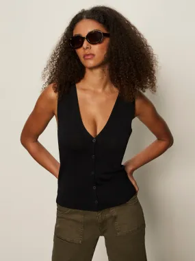Knitted Button Front Top Black
