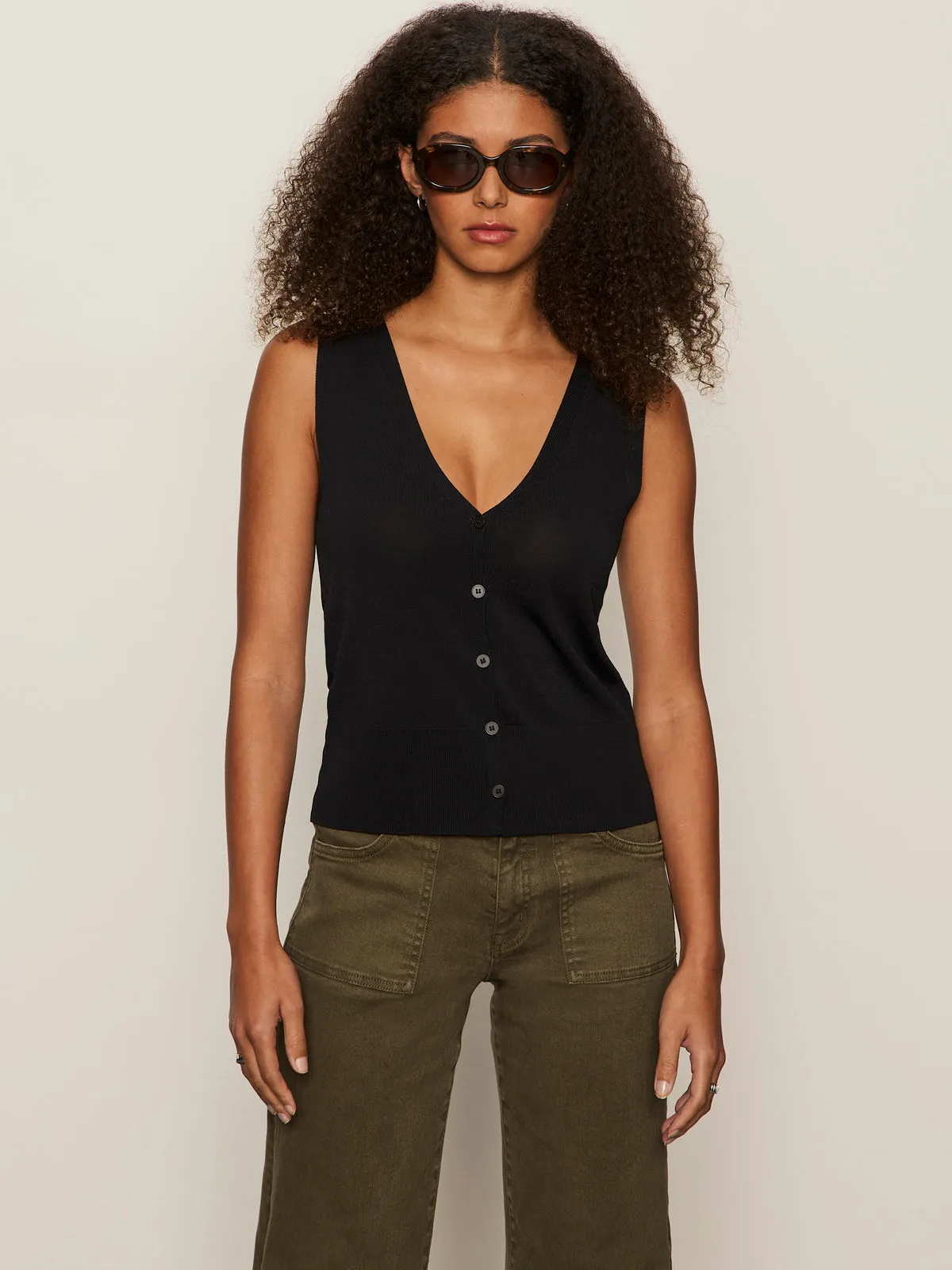 Knitted Button Front Top Black