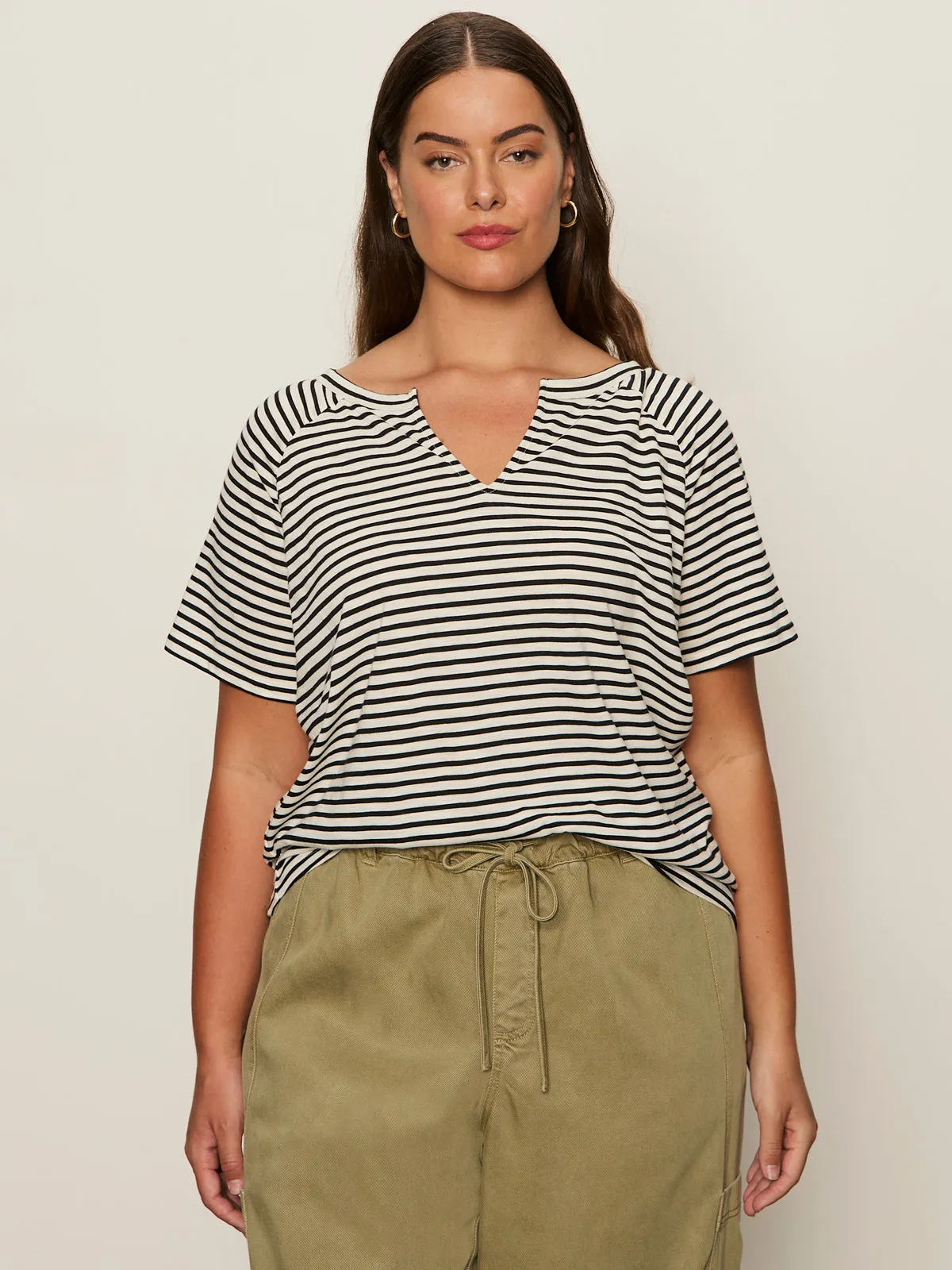 Notch Neck Tee Light Oat/Black Stripe Extended Sizing