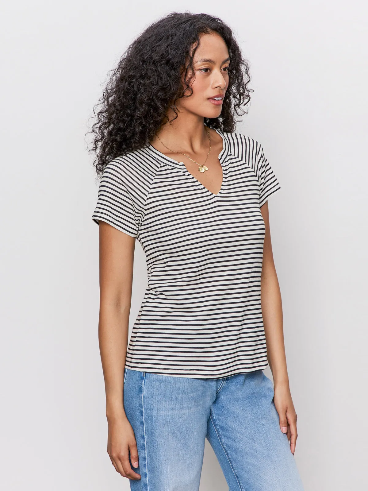 Notch Neck Tee Light Oat/Black Stripe