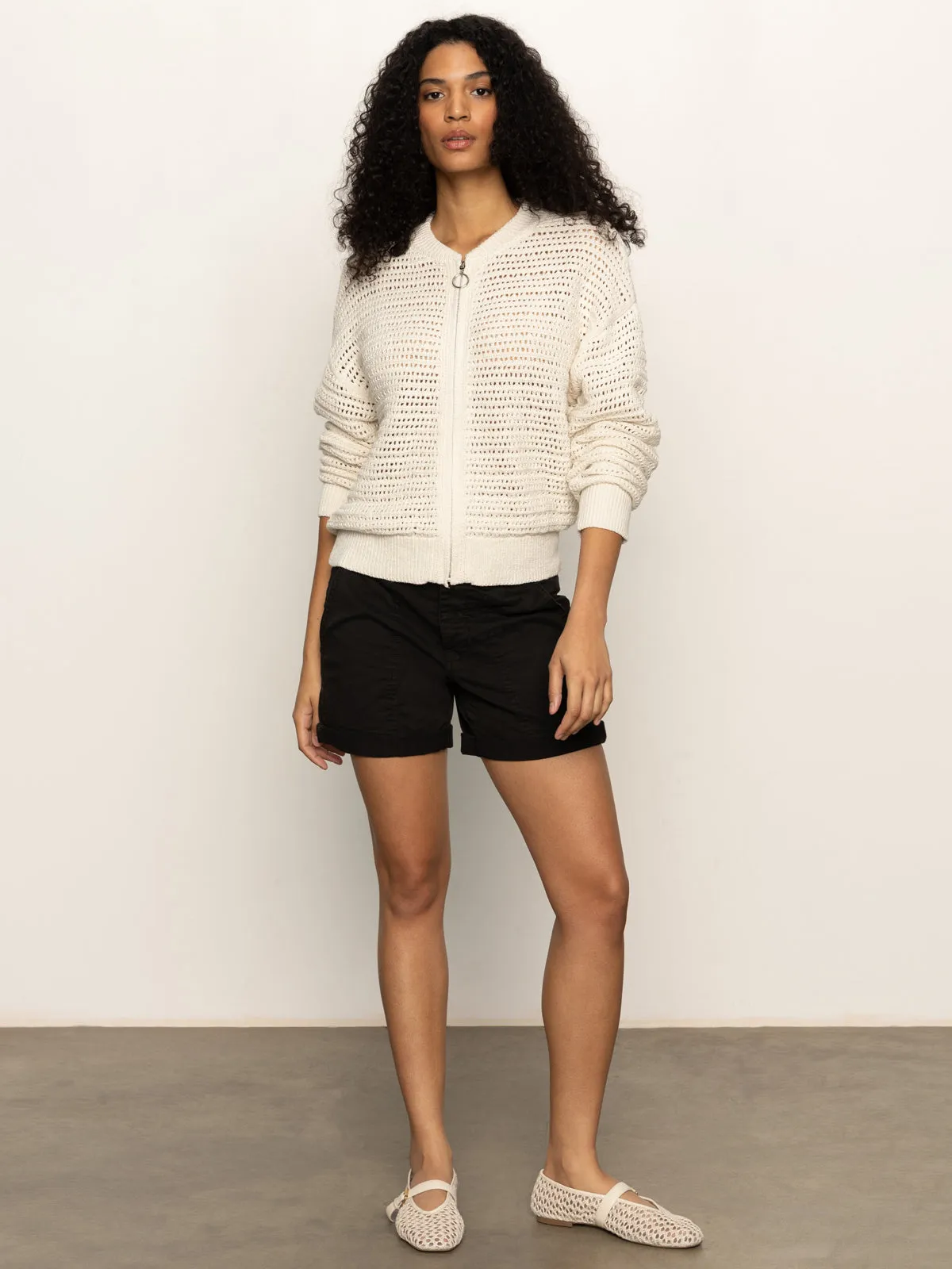 Open Knit Bomber Jacket Chalk