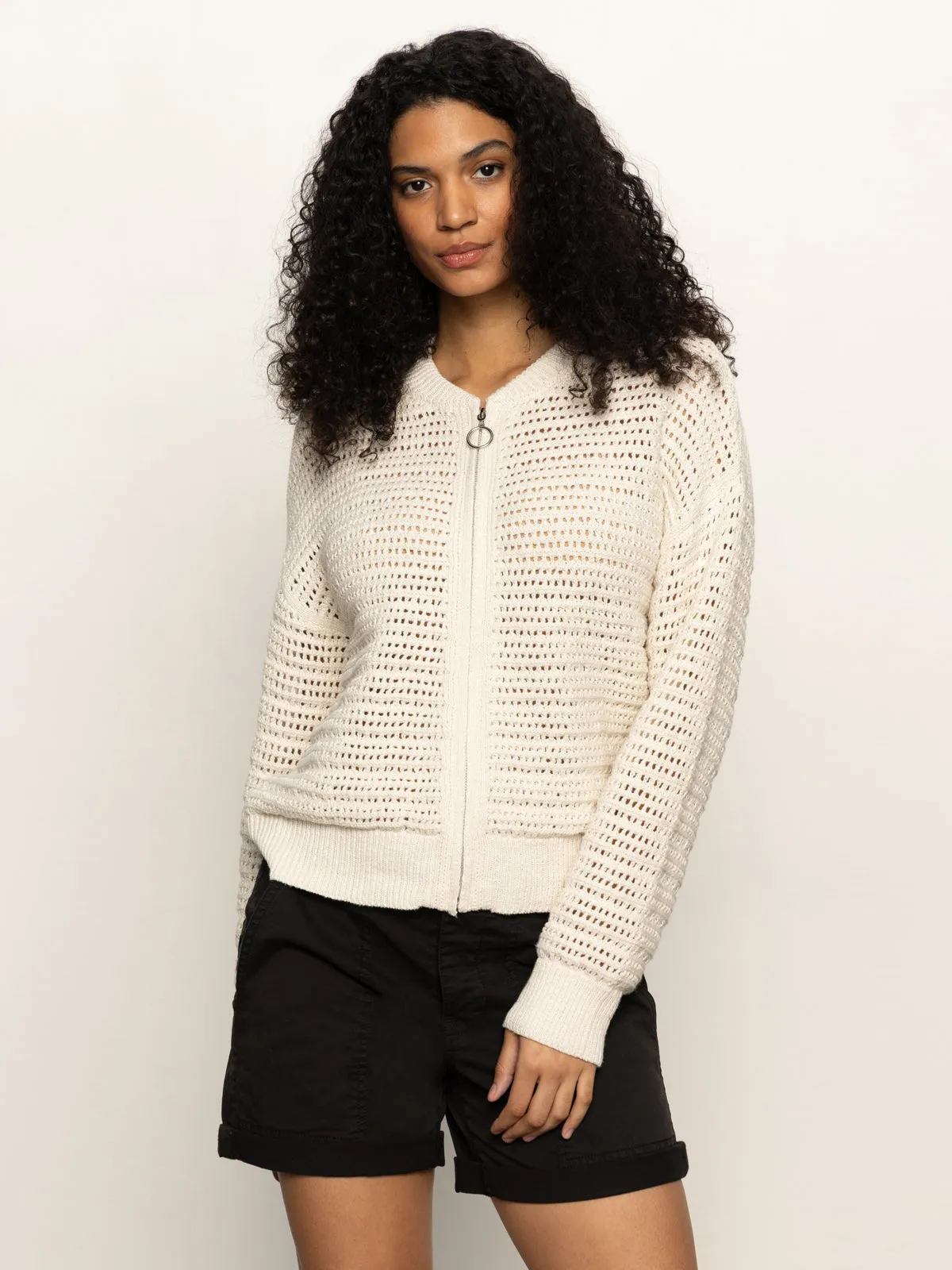 Open Knit Bomber Jacket Chalk