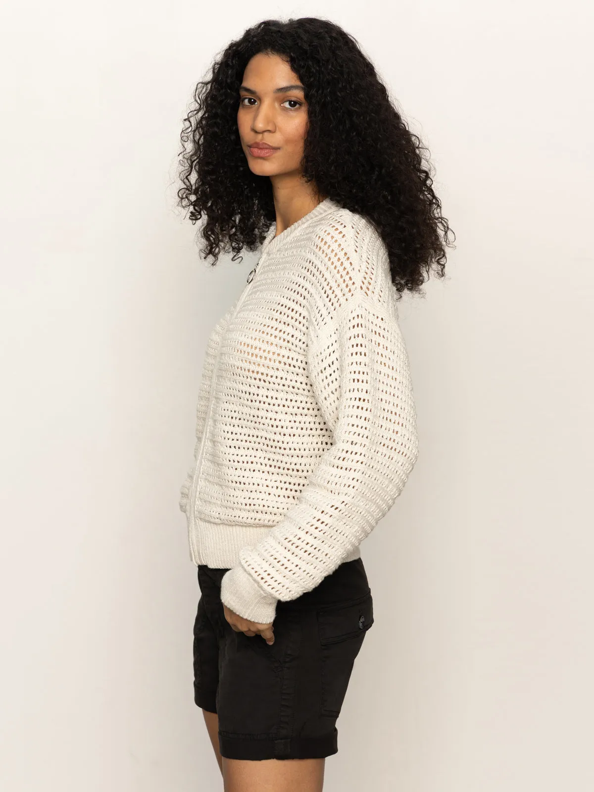 Open Knit Bomber Jacket Chalk