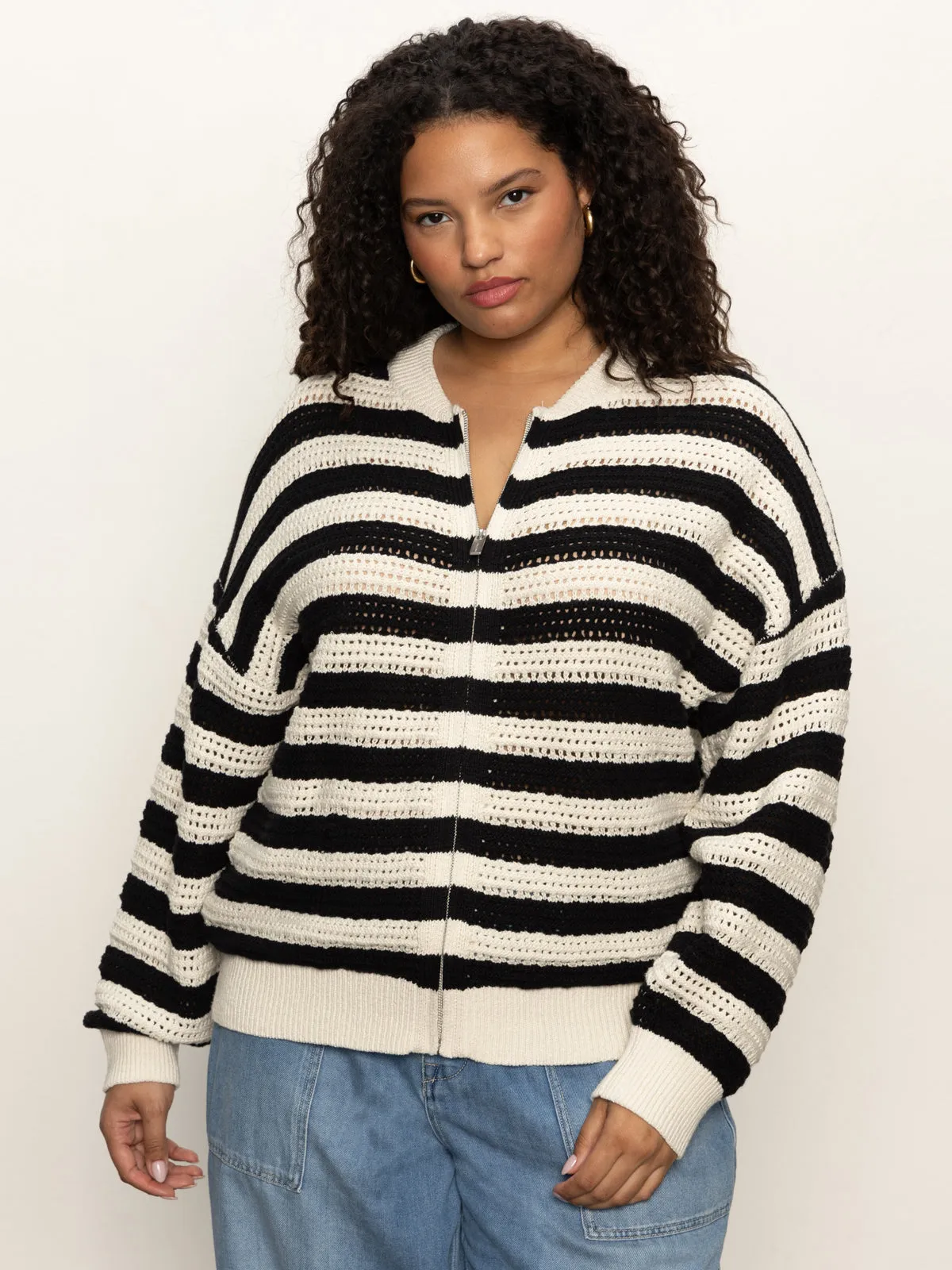 Open Knit Bomber Jacket Macrame Black Stripe Extended Sizing