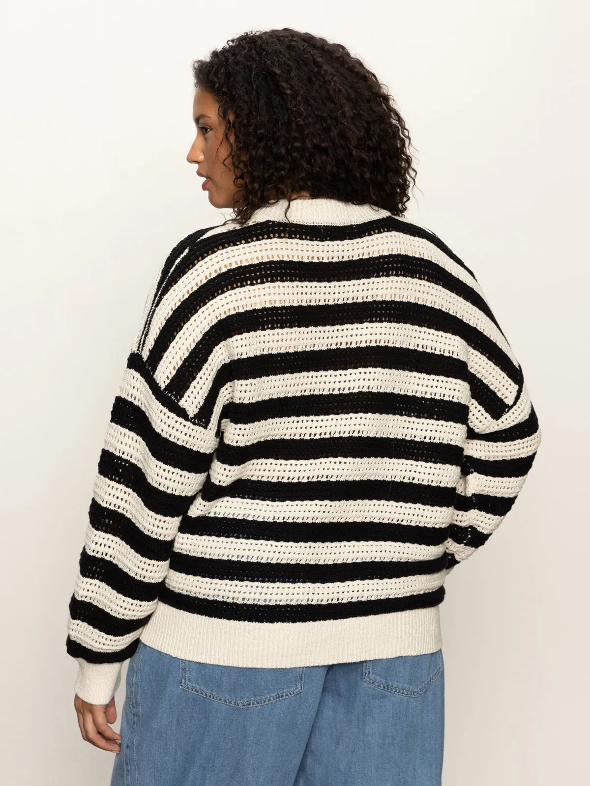 Open Knit Bomber Jacket Macrame Black Stripe Extended Sizing