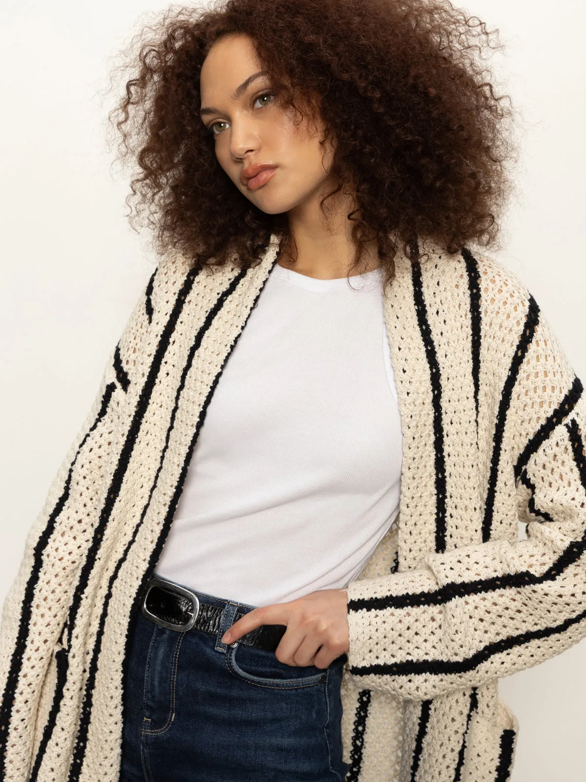 Openwork Beach Cardi Chalk Black Stripe