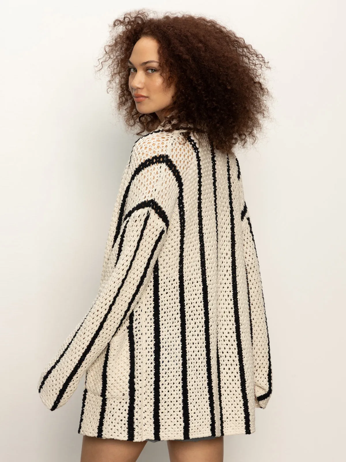Openwork Beach Cardi Chalk Black Stripe