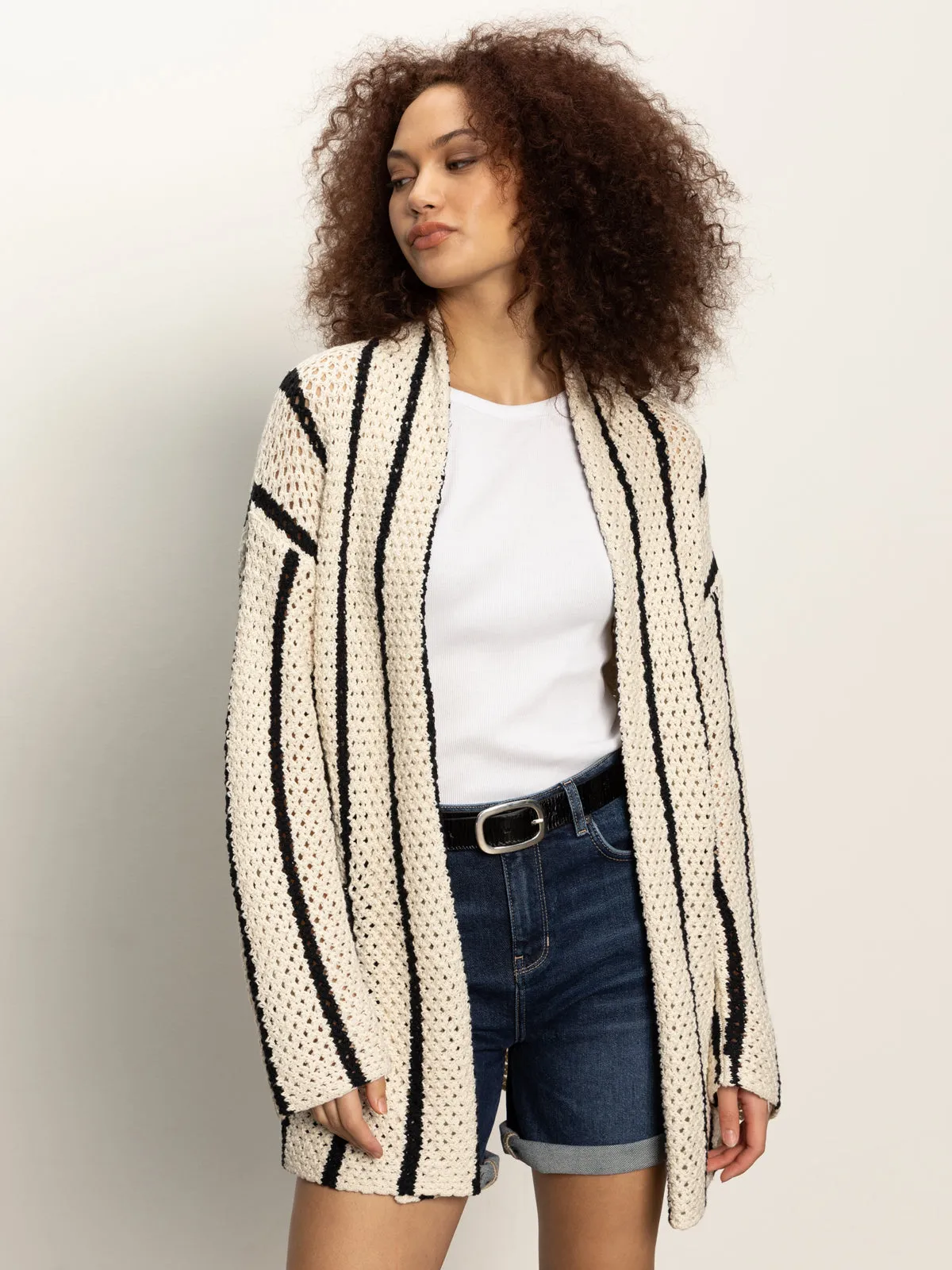 Openwork Beach Cardi Chalk Black Stripe