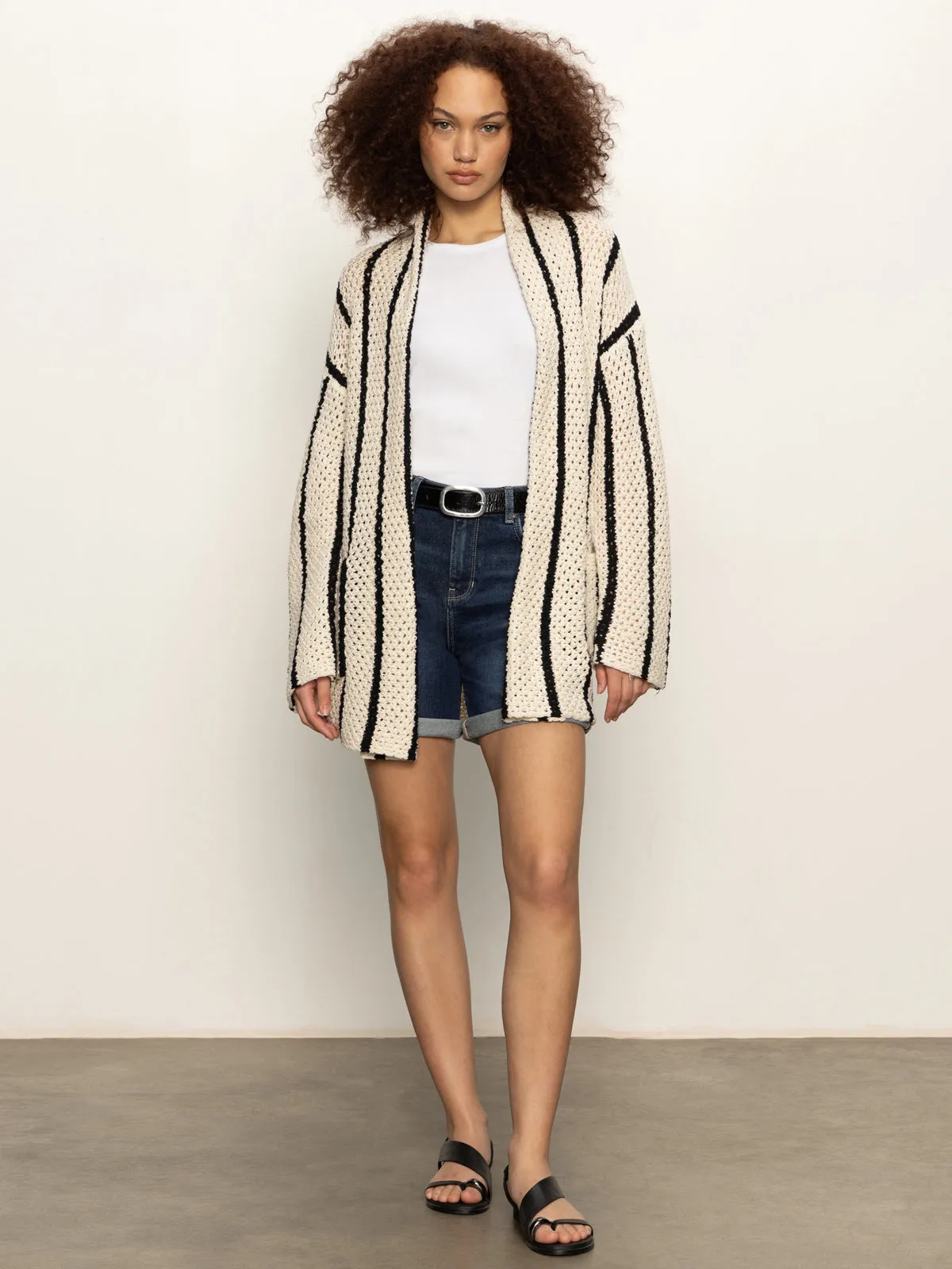 Openwork Beach Cardi Chalk Black Stripe