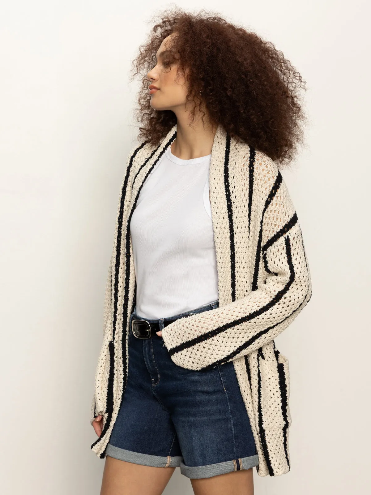 Openwork Beach Cardi Chalk Black Stripe