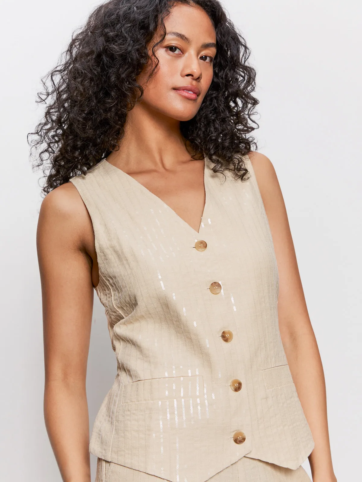 Relaxed Modern Vest Sand Sequin Stripe