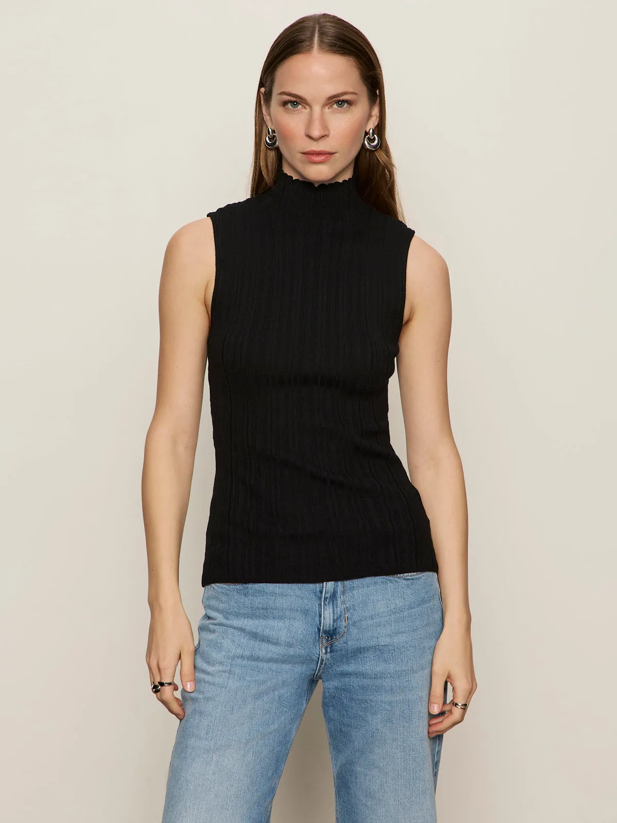 Ribbed Funnel Neck Top Black