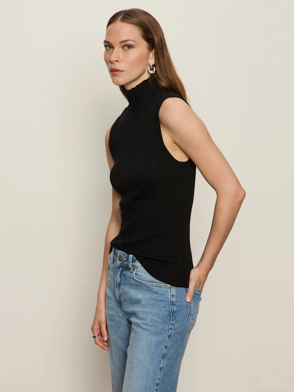 Ribbed Funnel Neck Top Black