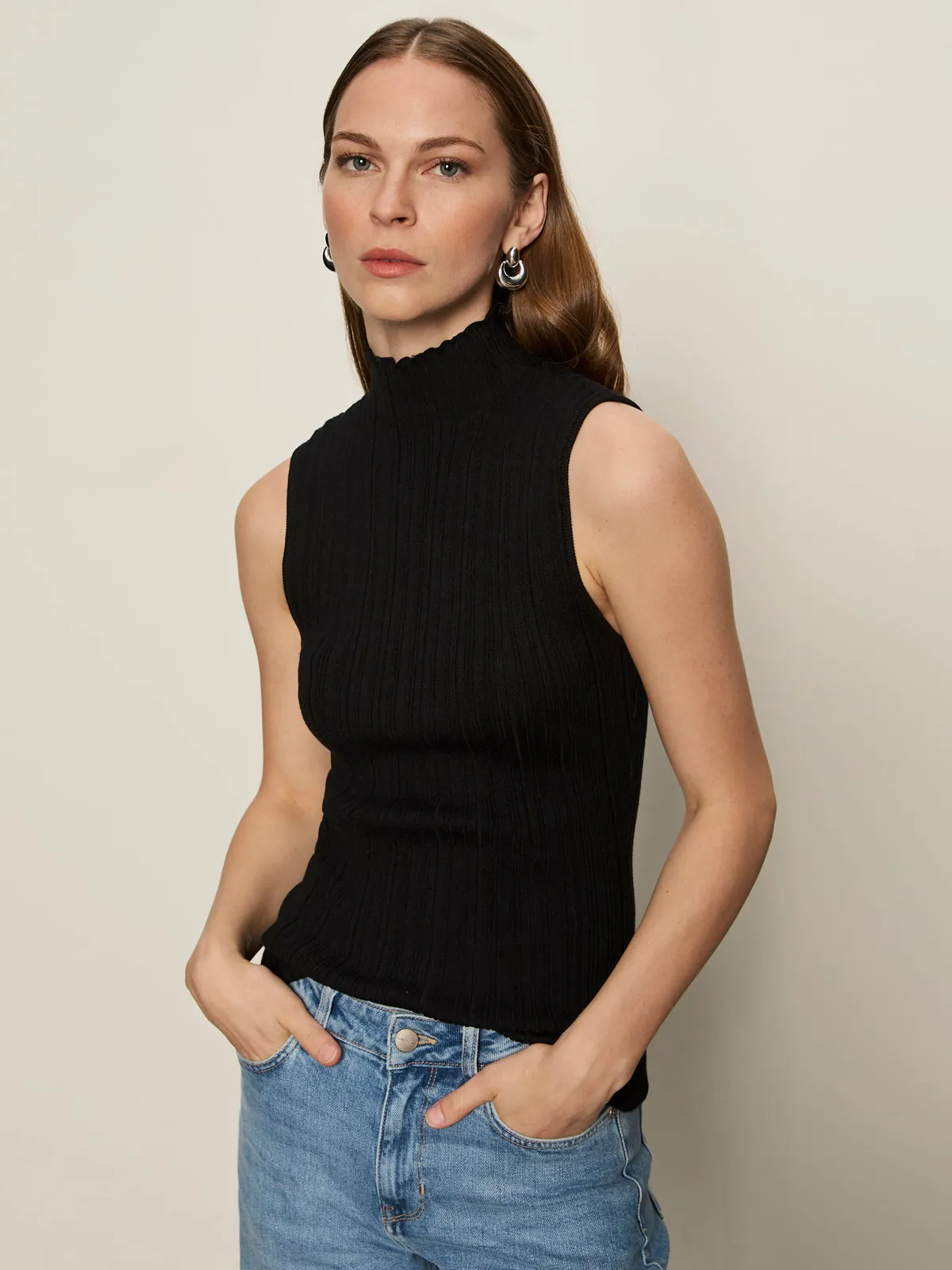 Ribbed Funnel Neck Top Black