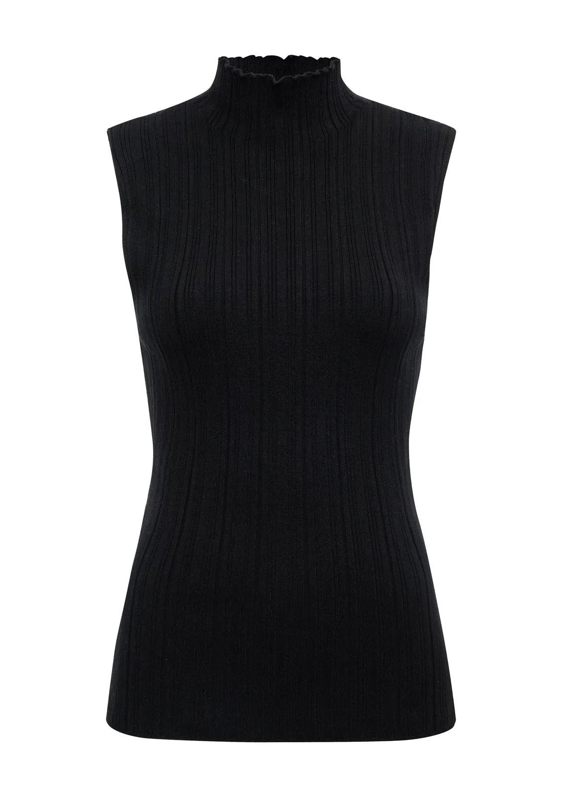 Ribbed Funnel Neck Top Black