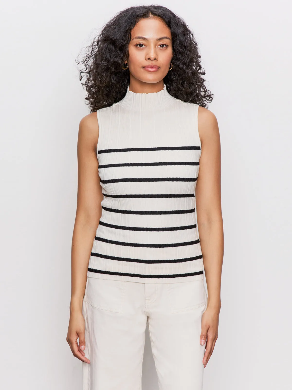 Ribbed Funnel Neck Top Light Oat/Black