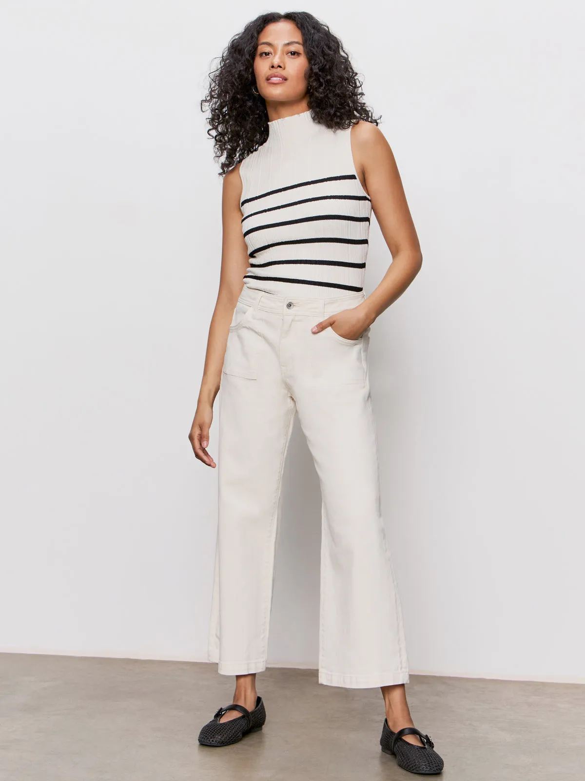 Ribbed Funnel Neck Top Light Oat/Black