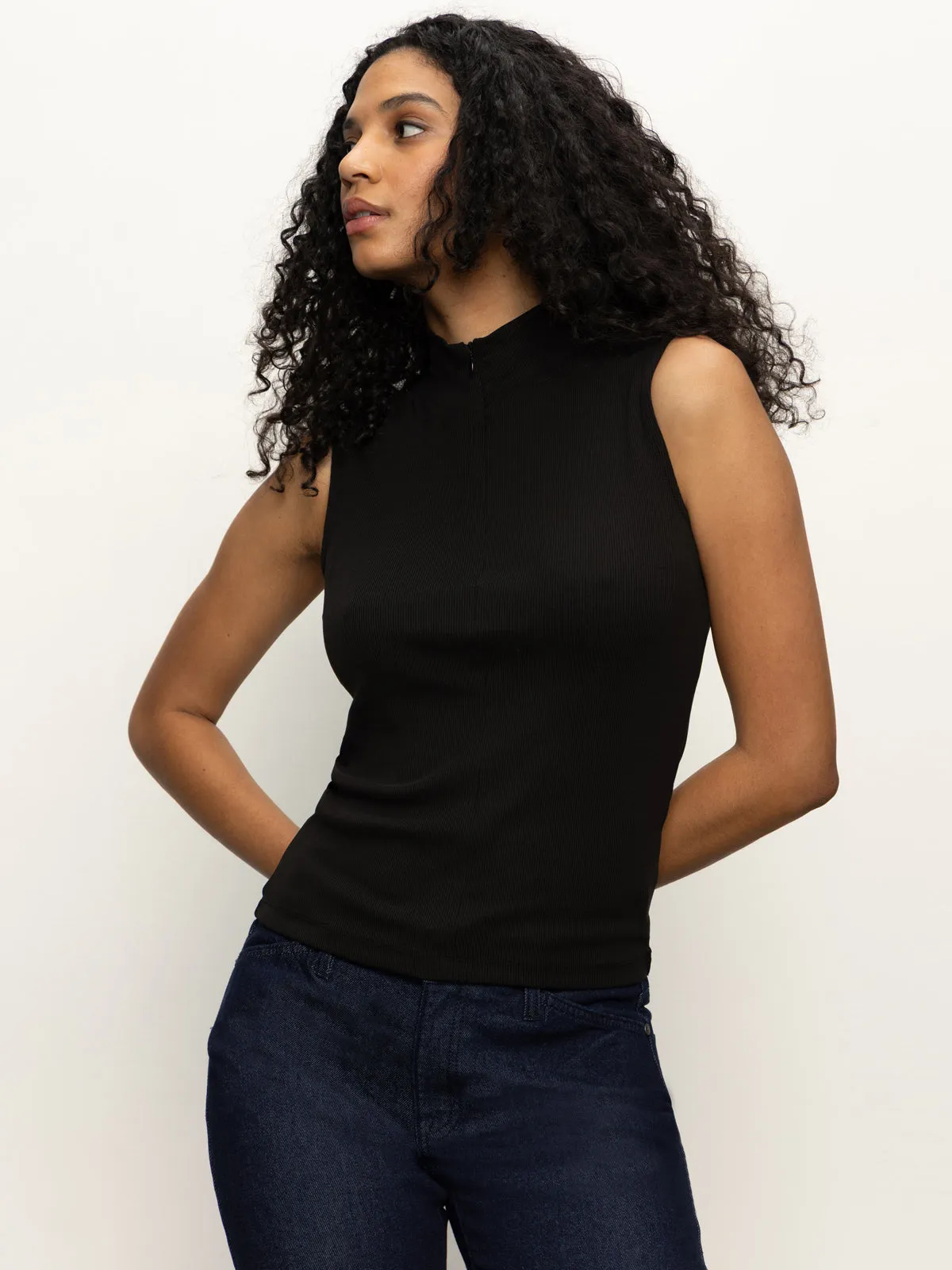 Sleeveless Zip Mock Top Black