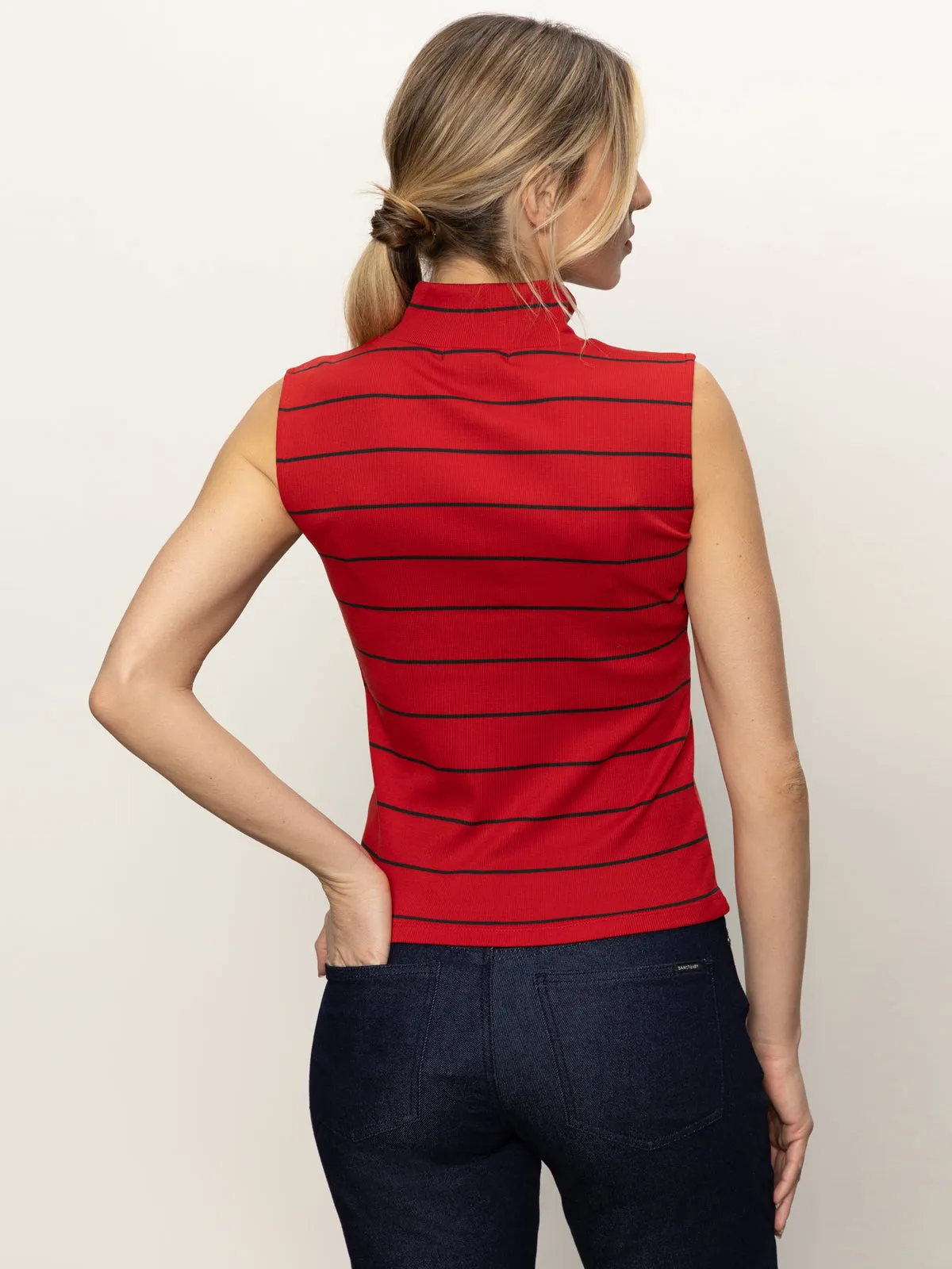 Sleeveless Zip Mock Top Red Energy/Black Stripe