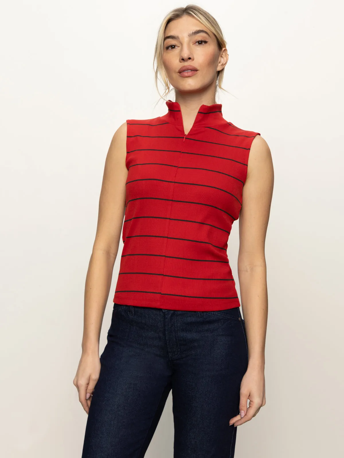 Sleeveless Zip Mock Top Red Energy/Black Stripe